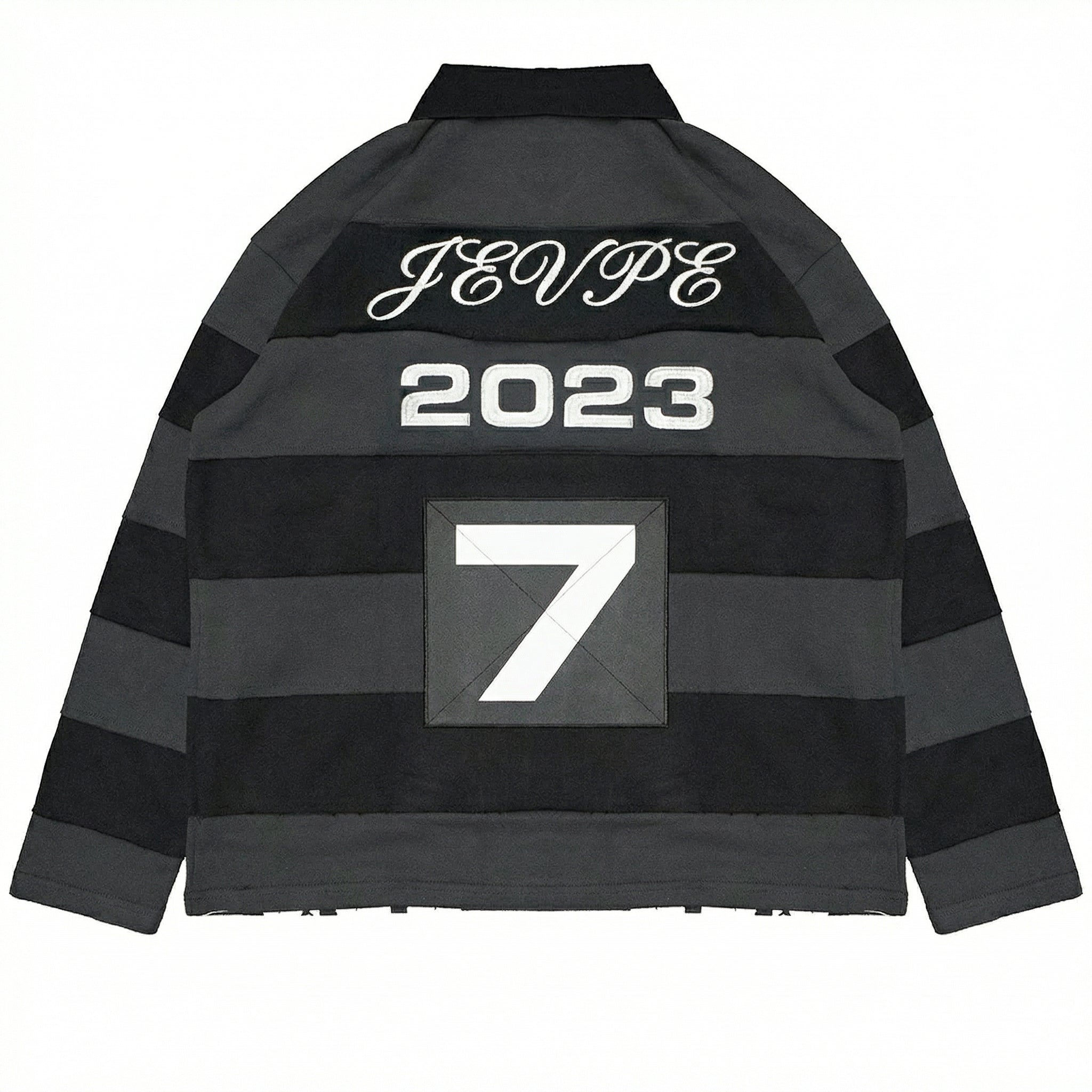 Men's JEVPE long sleeve rugby polo shirt with charcoal and black stripes, distressed look, casual streetwear athletic style.