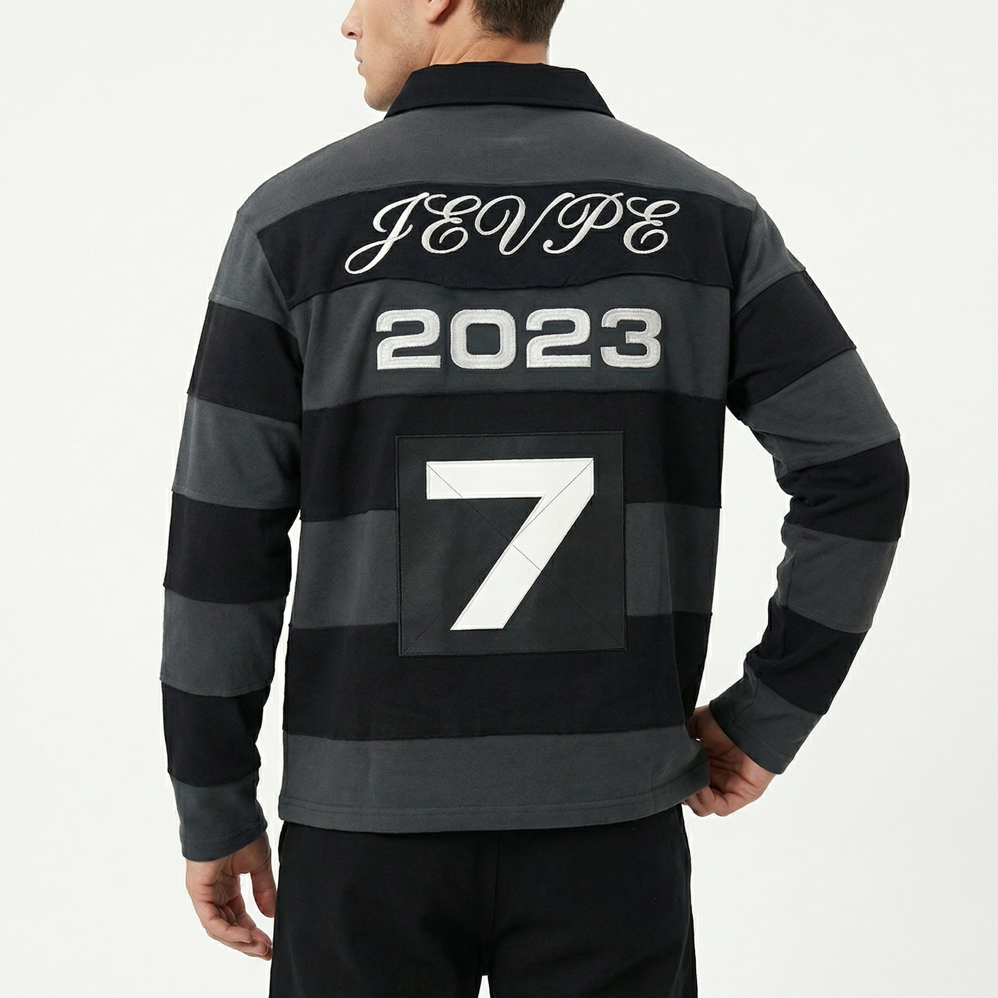 JEVPE men's charcoal and black striped distressed rugby polo shirt with long sleeves, streetwear athletic casual style.