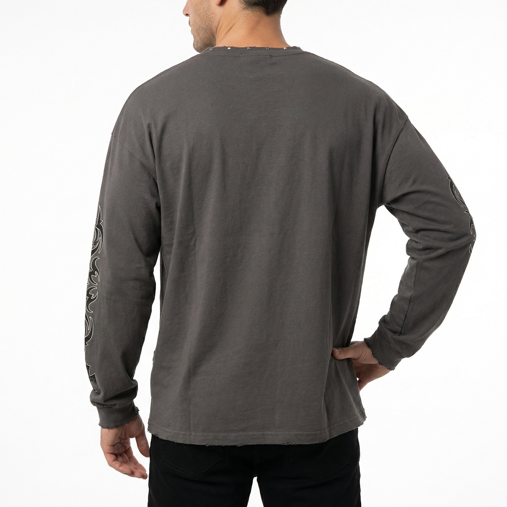 JEVPE men's vintage grey and beige long sleeve tee with rhinestone-studded Jesus graphic, retro religious streetwear top.