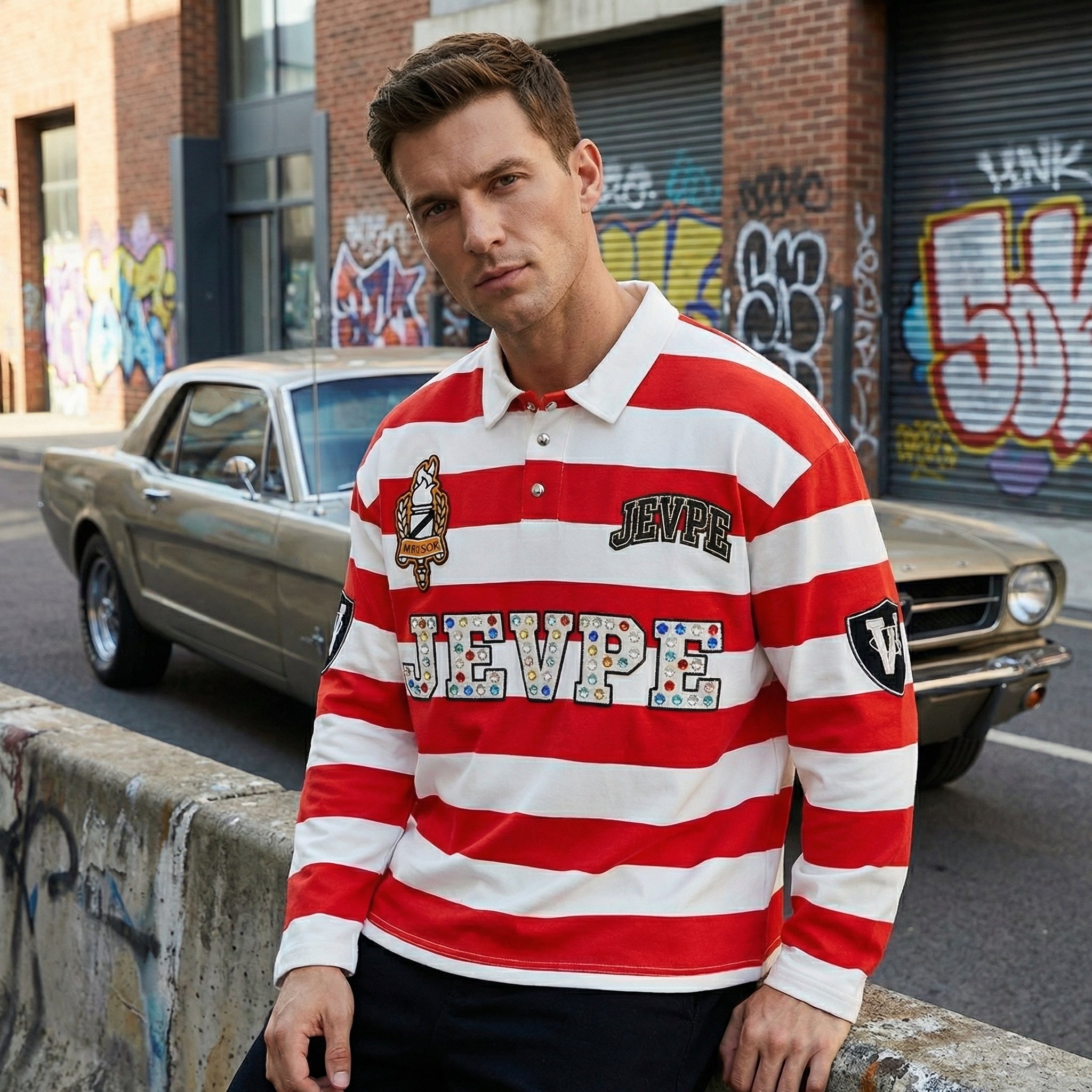 JEVPE men's rugby polo shirt with red, white, and multi-color stripes, rhinestone embellishments, long sleeves, vintage streetwear style