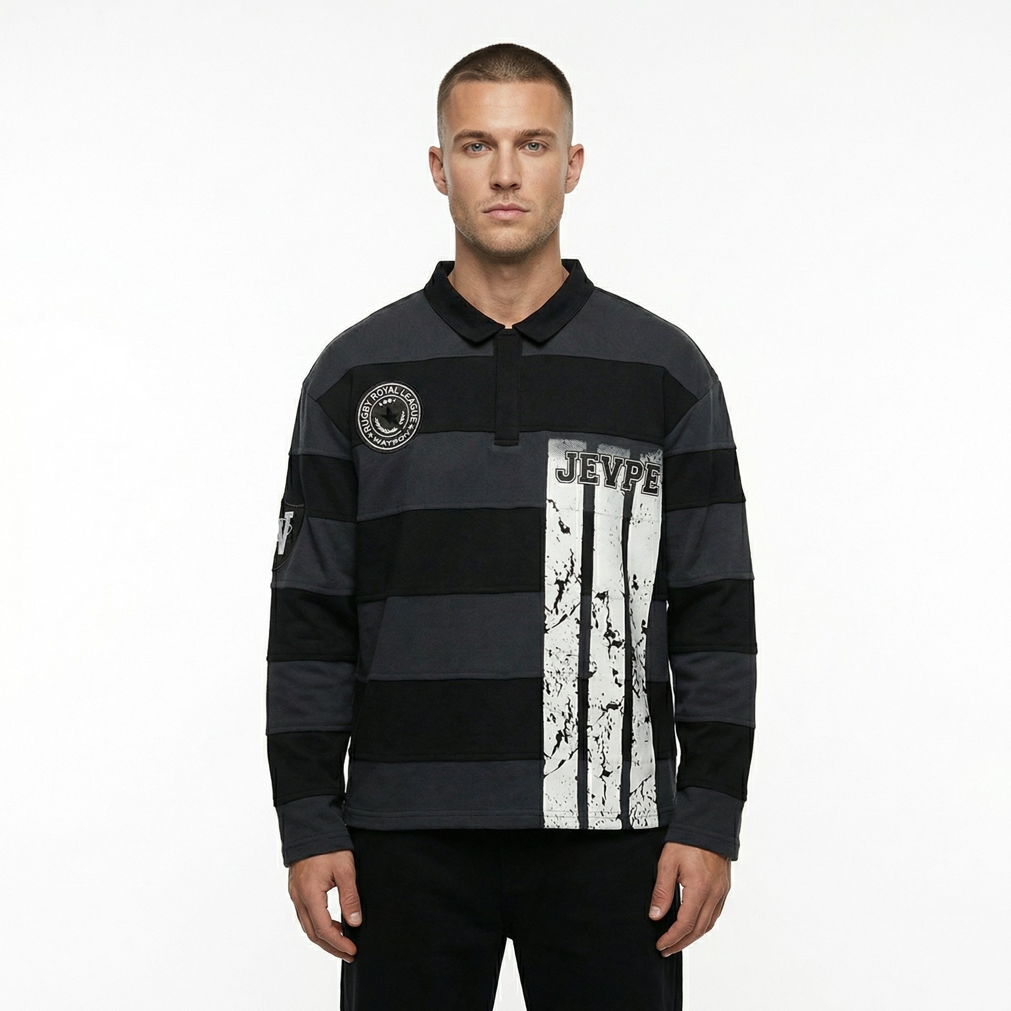 JEVPE men's charcoal and black striped distressed rugby polo shirt with long sleeves, streetwear athletic casual style.