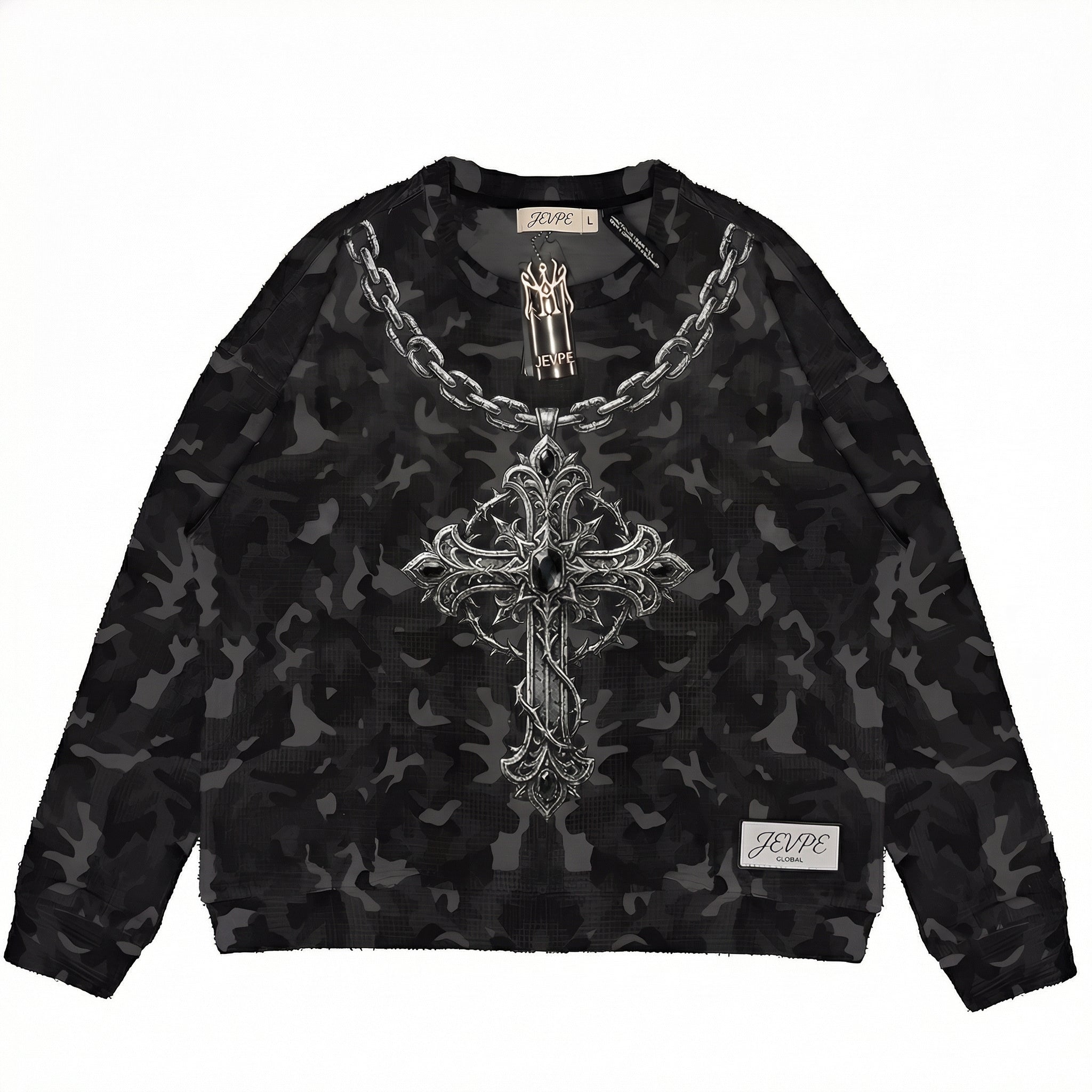 JEVPE men's black camo gothic cross graphic crewneck sweatshirt with ornate design, streetwear casual pullover style.