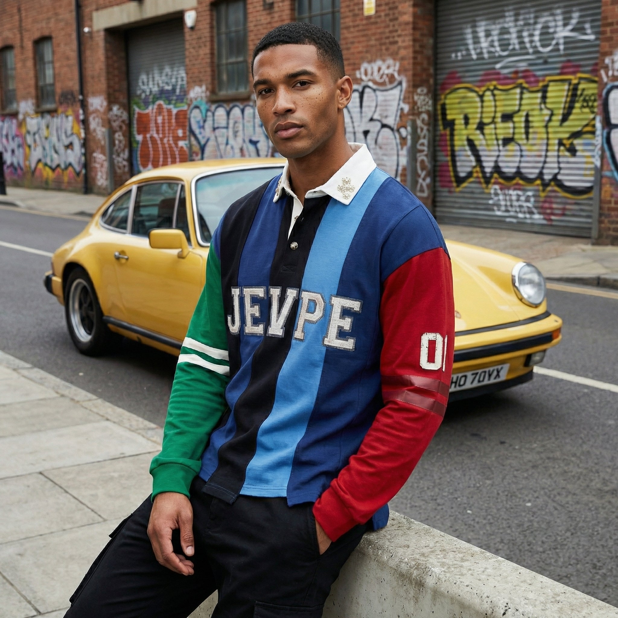 JEVPE Men's Color Block Striped Chenille JEVPE Logo Long Sleeve Rugby