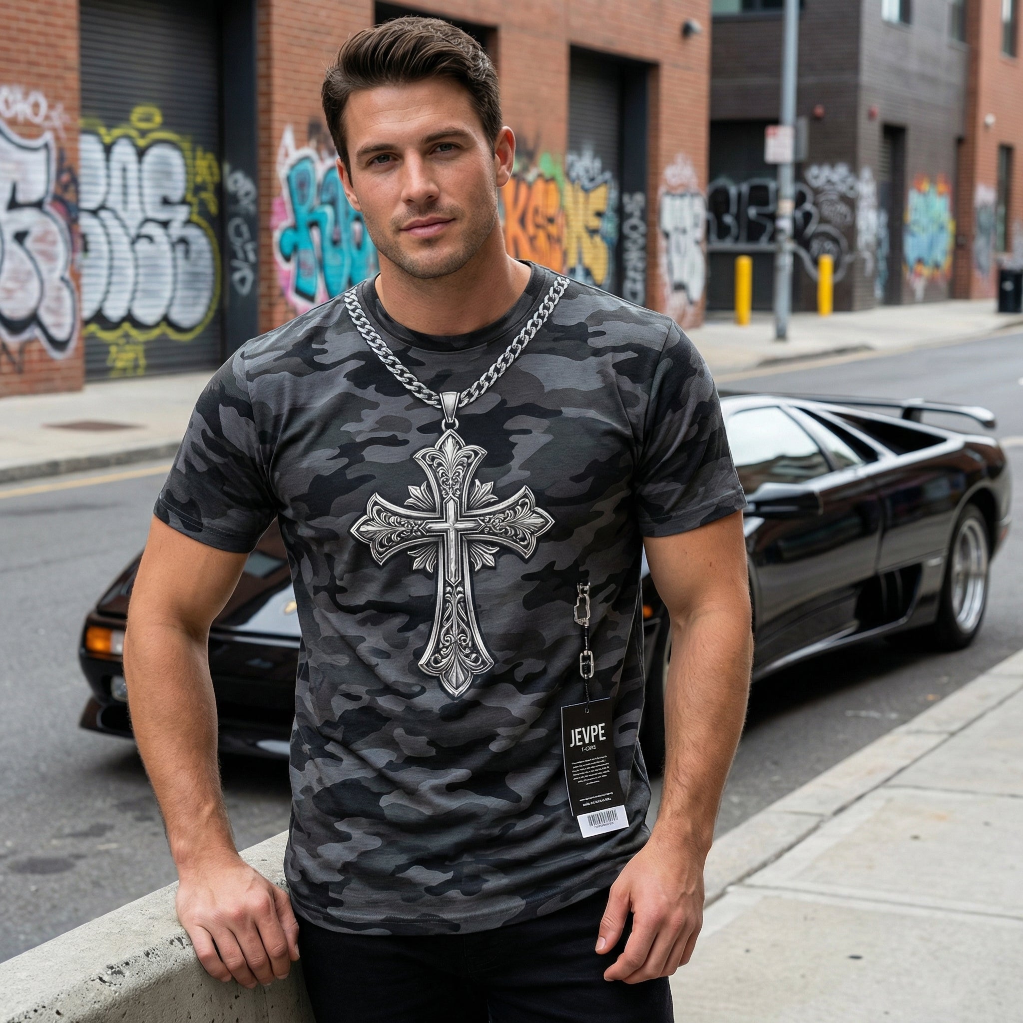 Men's black camo gothic cross graphic crewneck sweatshirt by JEVPE featuring streetwear casual style and ornate design.