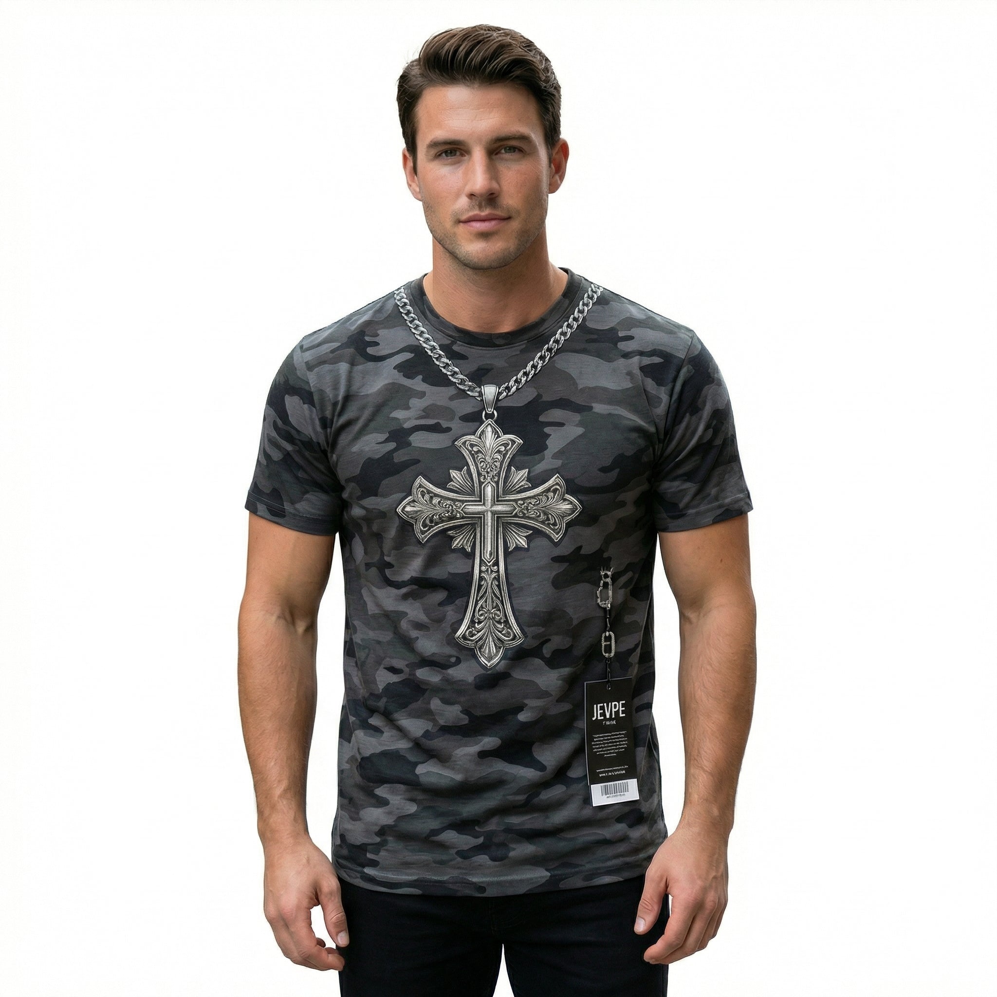 JEVPE men's black camo gothic cross chain graphic crewneck sweatshirt with streetwear style and casual pullover design