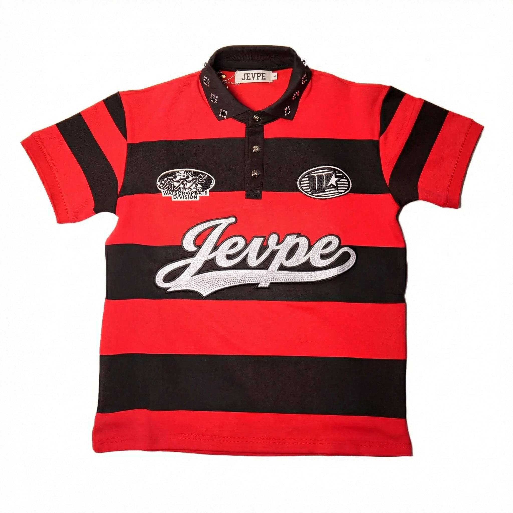 JEVPE men's red and black striped rugby polo shirt with rhinestone embellishments, short sleeves, vintage streetwear athletic top