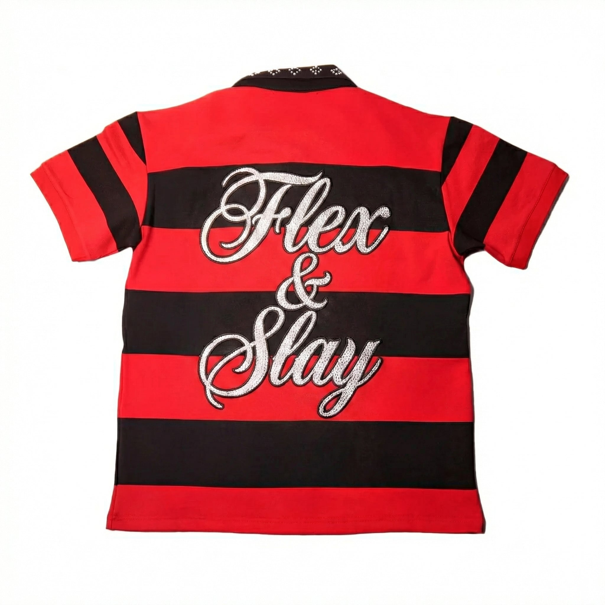 JEVPE men's red and black striped rugby polo shirt with rhinestone embellishments, short sleeves, vintage streetwear style.