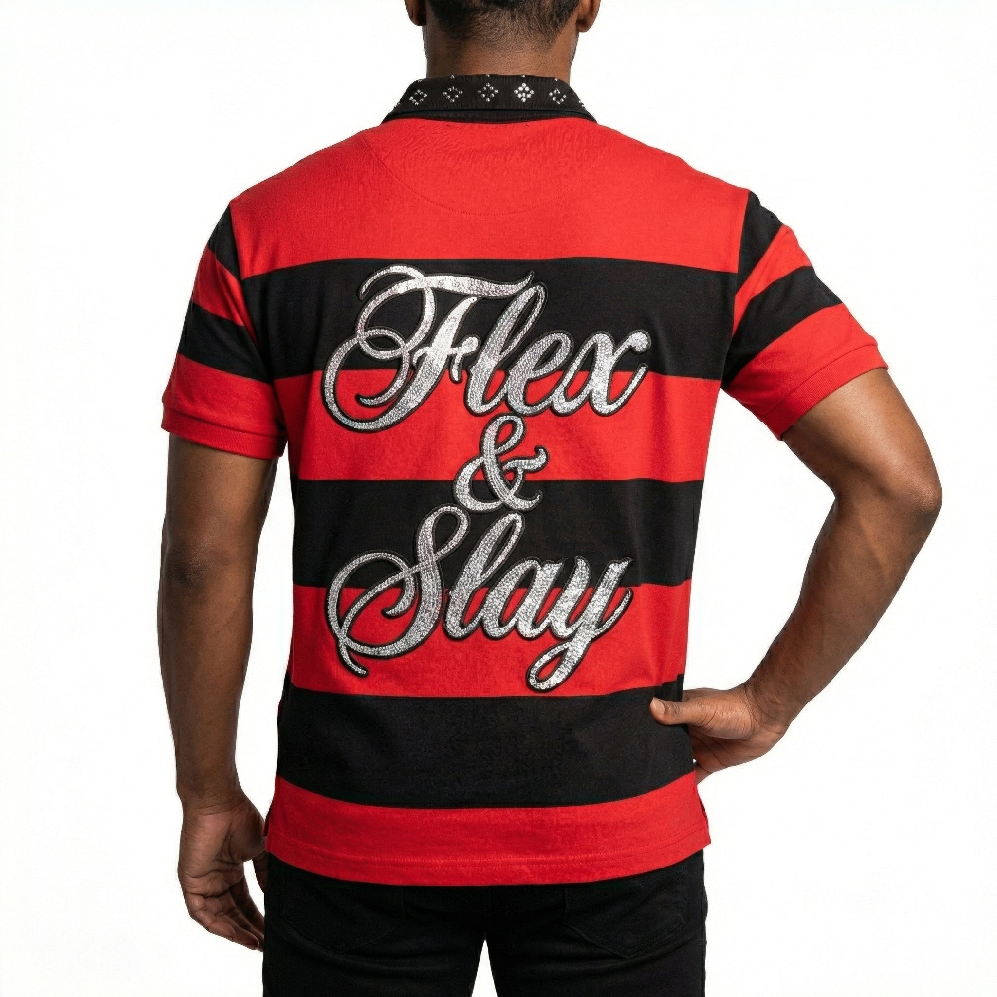 JEVPE men's red and black striped rugby polo shirt with rhinestone embellishments, short sleeves, vintage streetwear style.