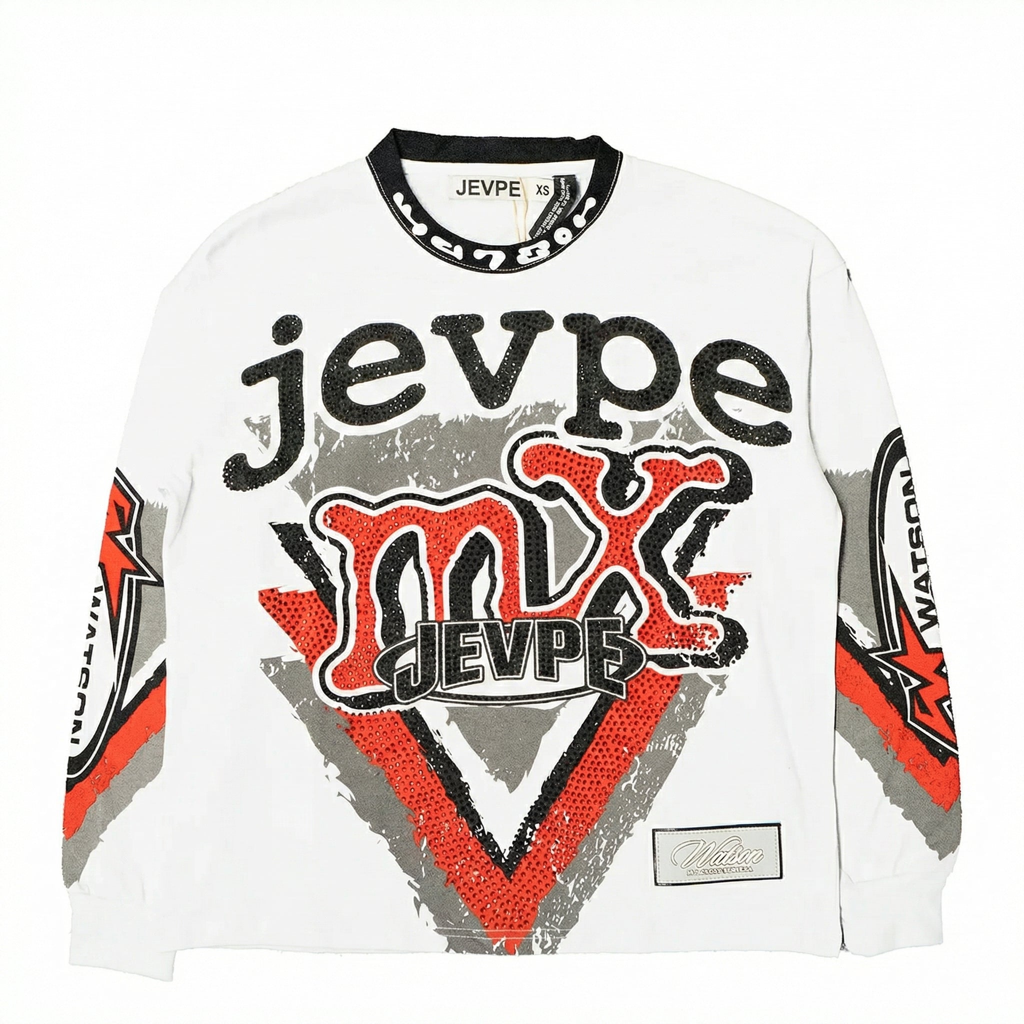 JEVPE men's white long sleeve motocross T-shirt with graphic and rhinestone embellishments, vintage racing streetwear style.