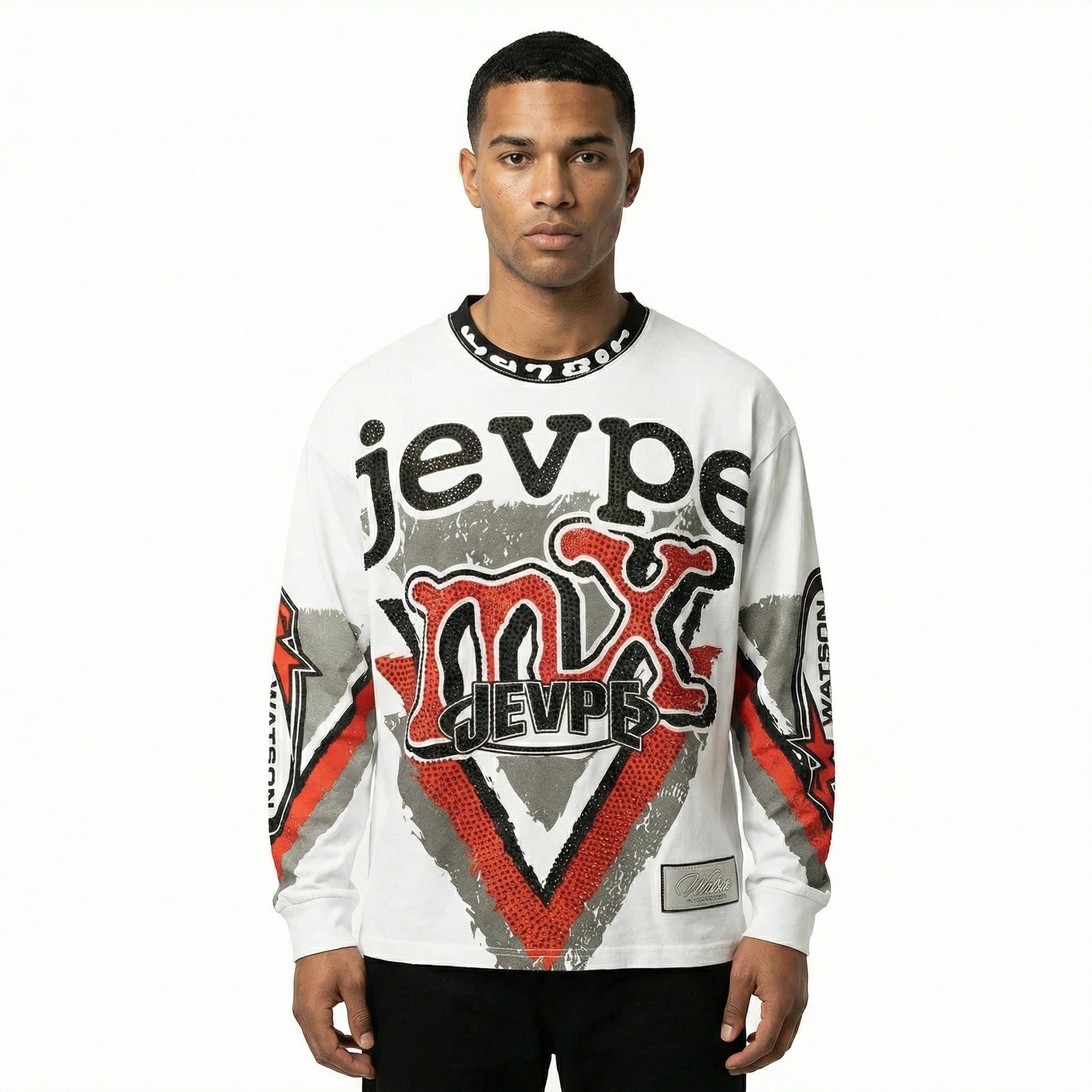 White men's motocross graphic long sleeve T-shirt by JEVPE with rhinestone embellishments and vintage racing streetwear style.