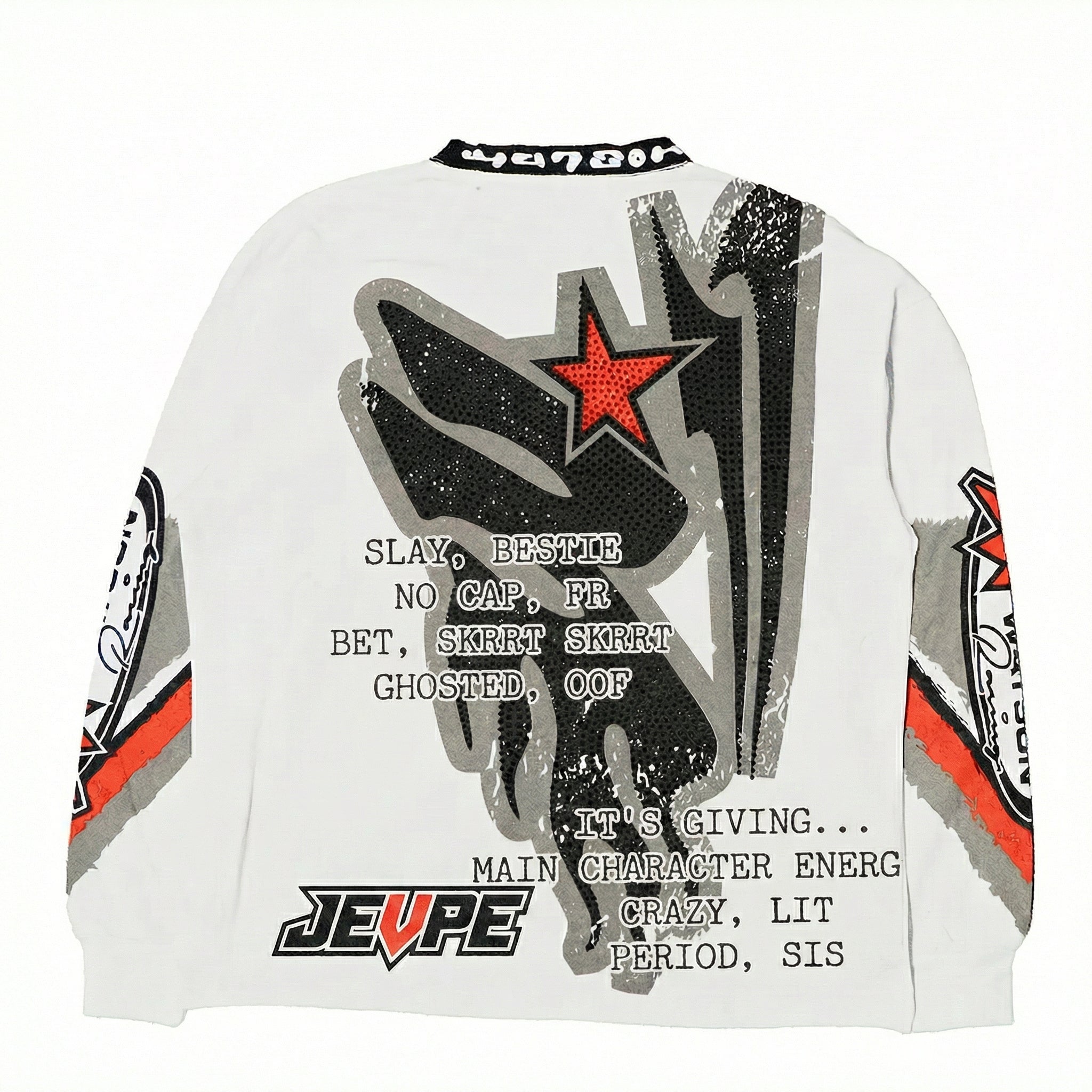 JEVPE men's white motocross graphic long sleeve T-shirt with rhinestone embellishments and vintage racing streetwear style.