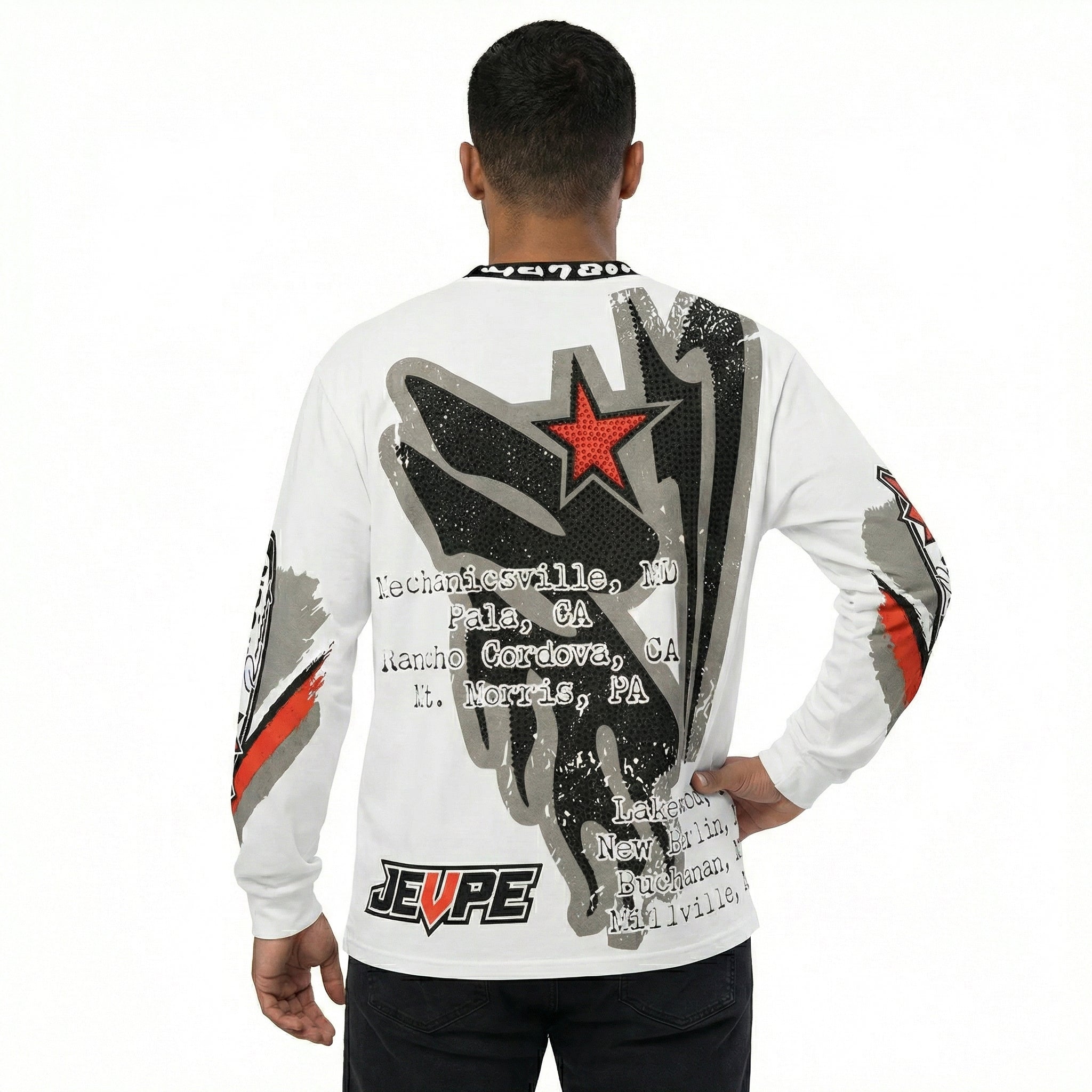 White men's MX motocross graphic T-shirt by JEVPE with rhinestone embellishments, long sleeve vintage racing streetwear top.
