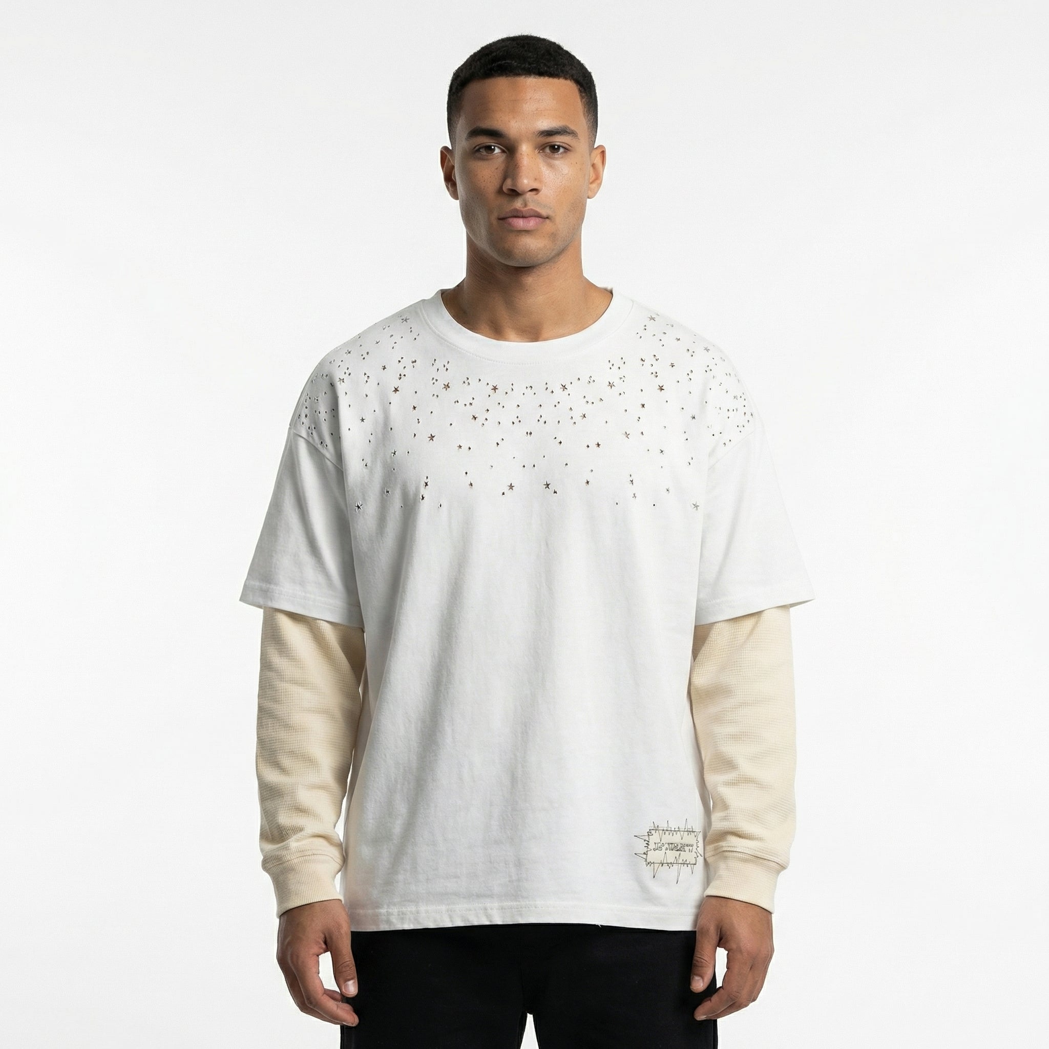 JEVPE men's white and beige twofer long sleeve T-shirt with star rhinestone embellishments and vintage streetwear style.
