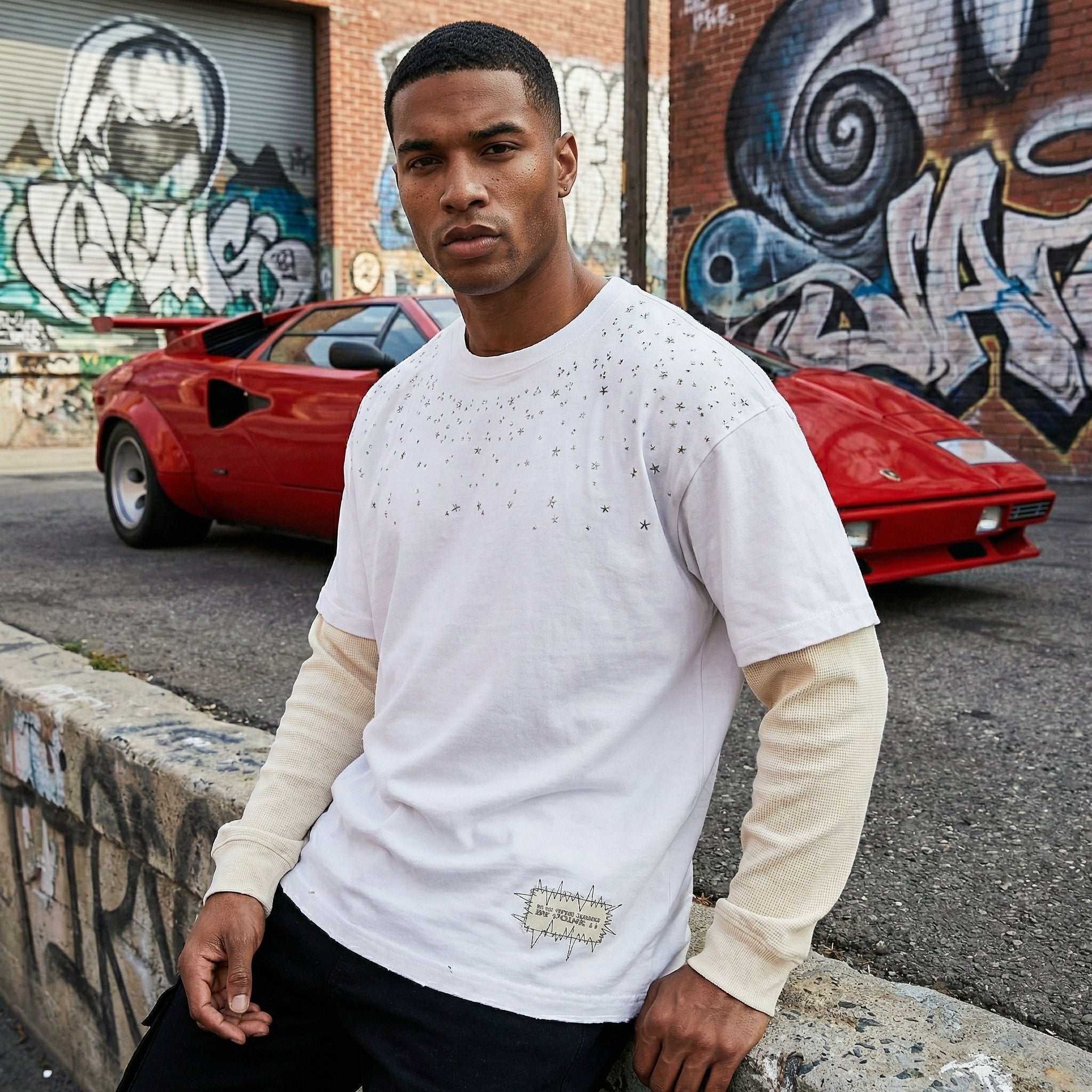 JEVPE men's white and beige long sleeve T-shirt with star rhinestone embellishments, vintage streetwear style.