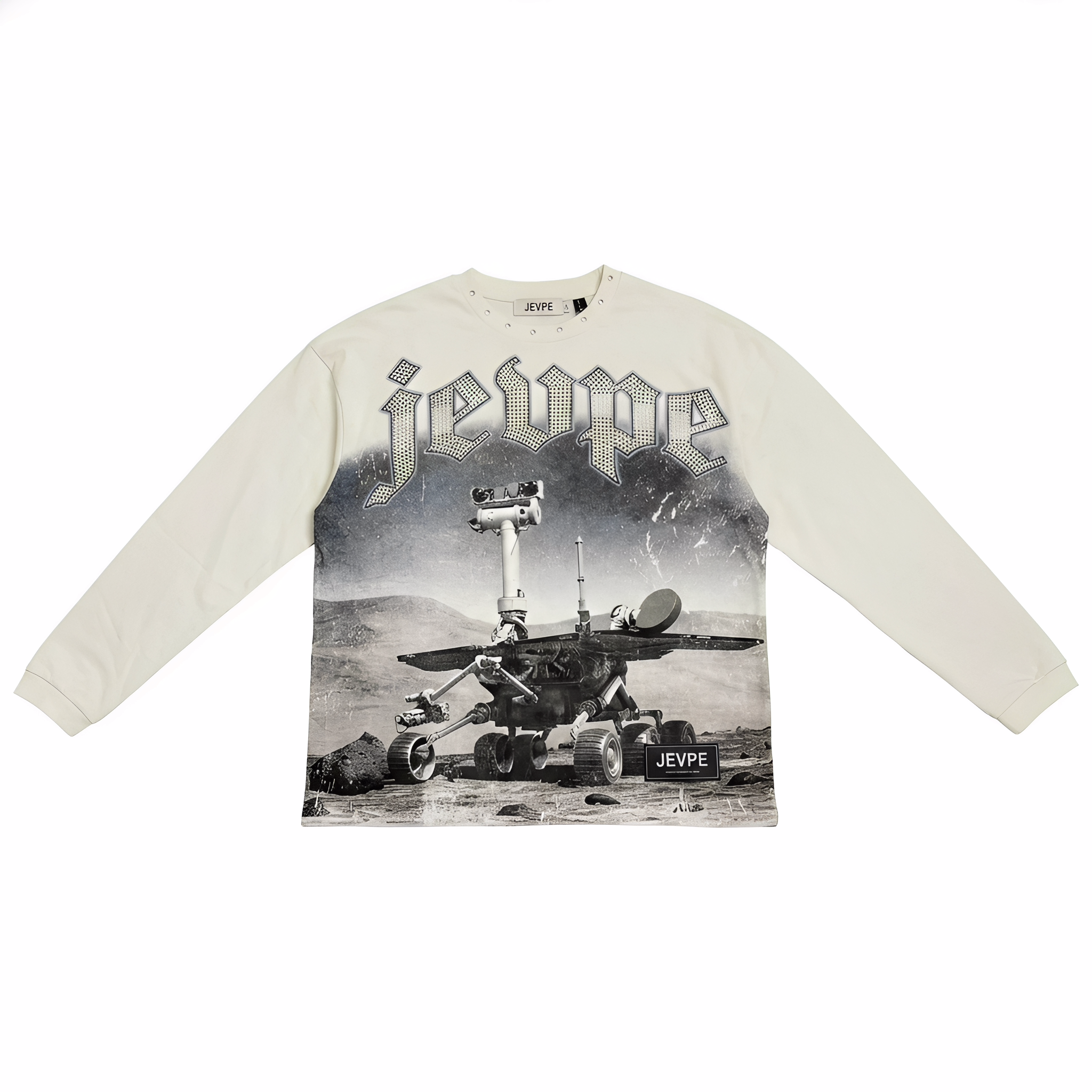 JEVPE men's vintage Mars Rover space graphic long sleeve T-shirt with rhinestone embellishments, retro futuristic streetwear style