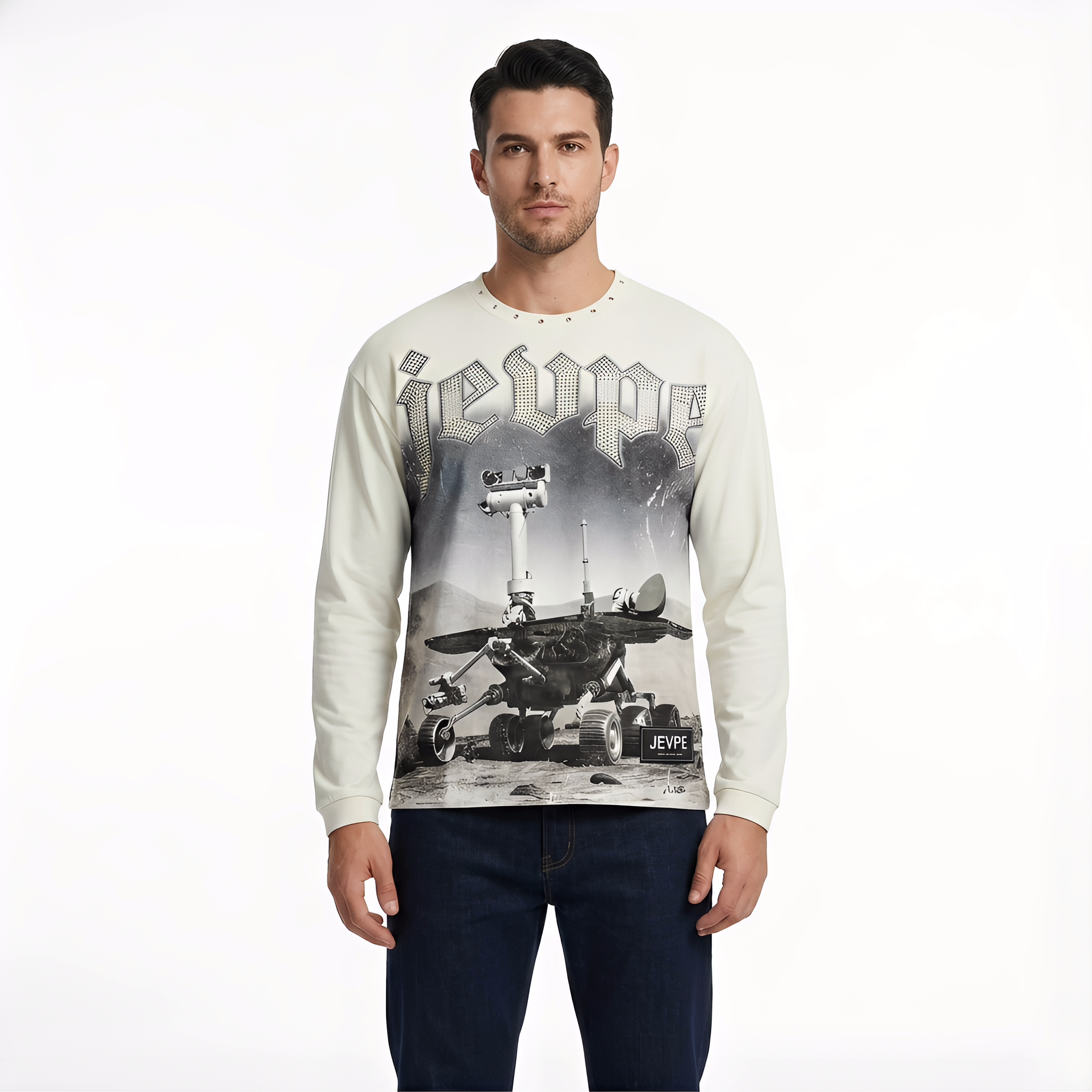 JEVPE men's vintage long sleeve T-shirt with Mars Rover space graphic and rhinestone embellishments, retro futuristic streetwear style