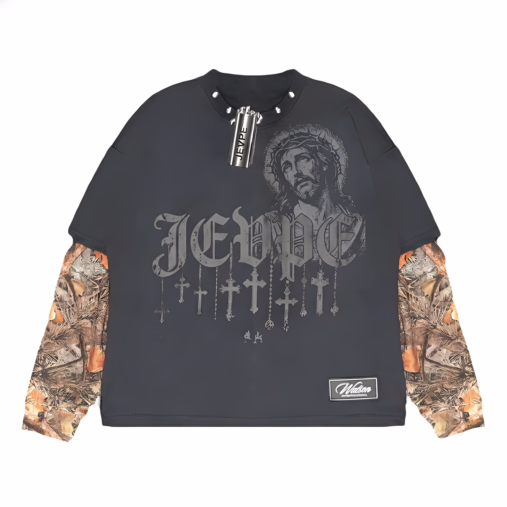 Dark grey JEVPE men's layered long sleeve T-shirt with gothic Jesus graphic, cross chain print, and studded neck streetwear style.