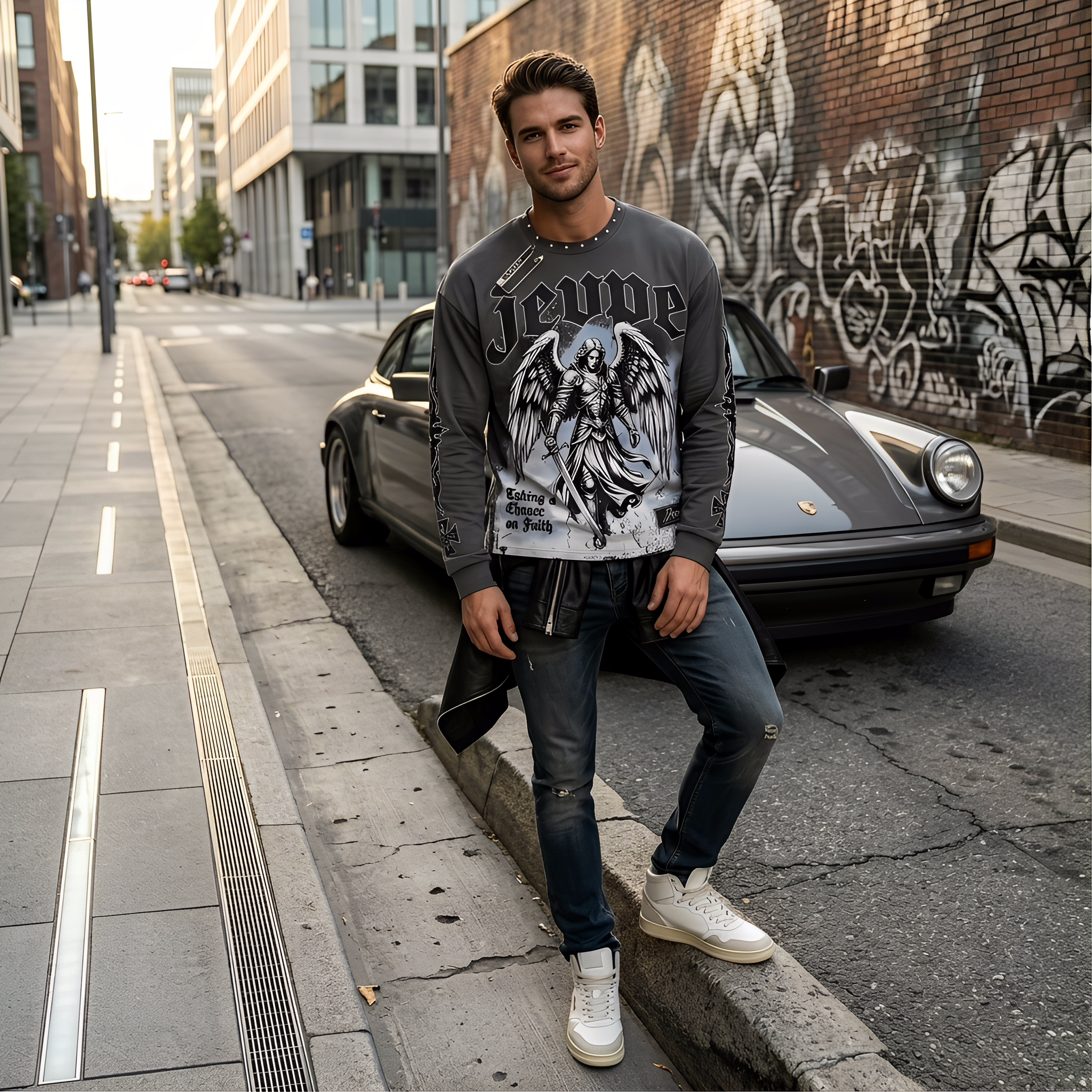 JEVPE men's charcoal grey long sleeve T-shirt featuring an archangel graphic and studded details, gothic religious streetwear top.