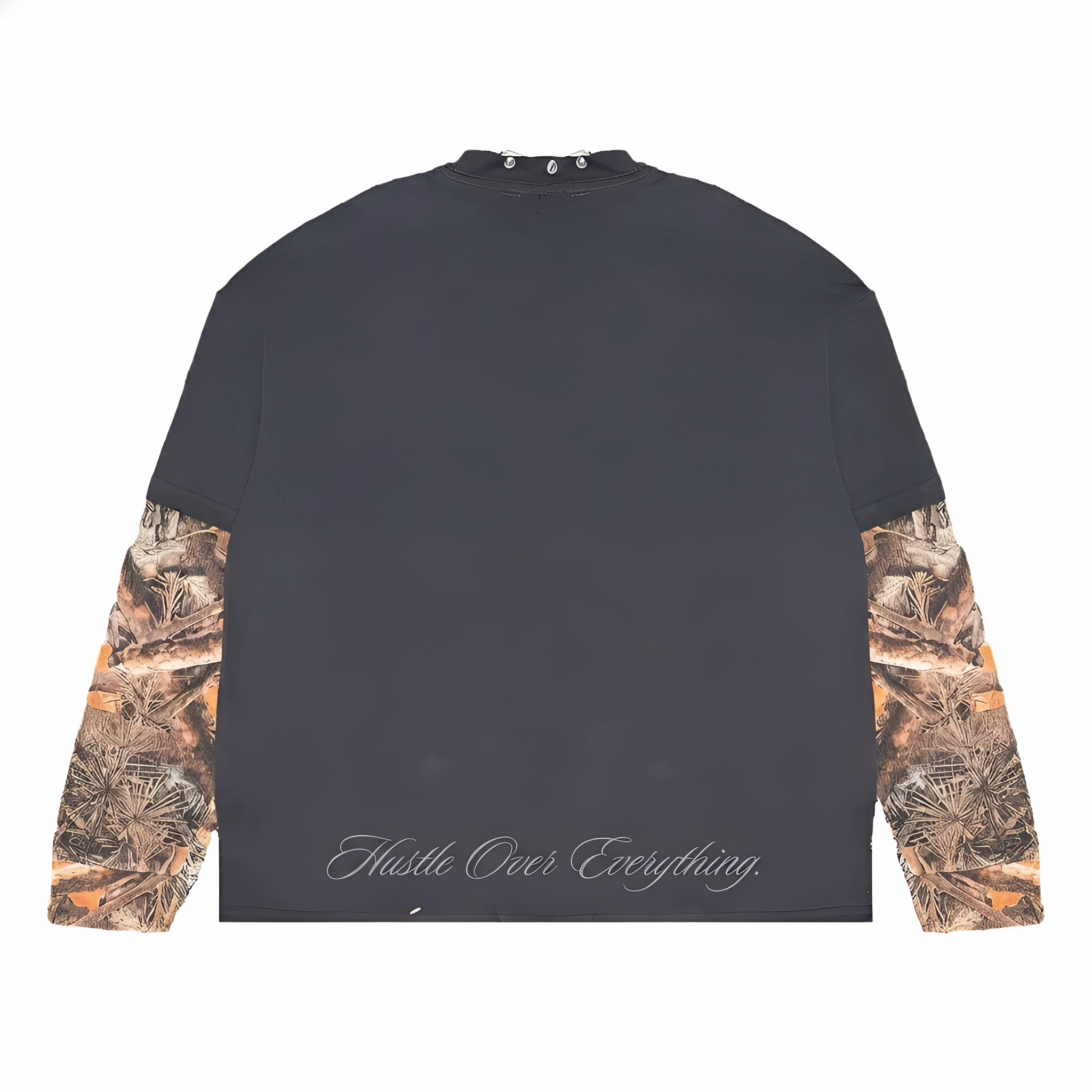 Dark grey JEVPE men's long sleeve T-shirt featuring Gothic Jesus graphic, cross chain print, and studded neckline.
