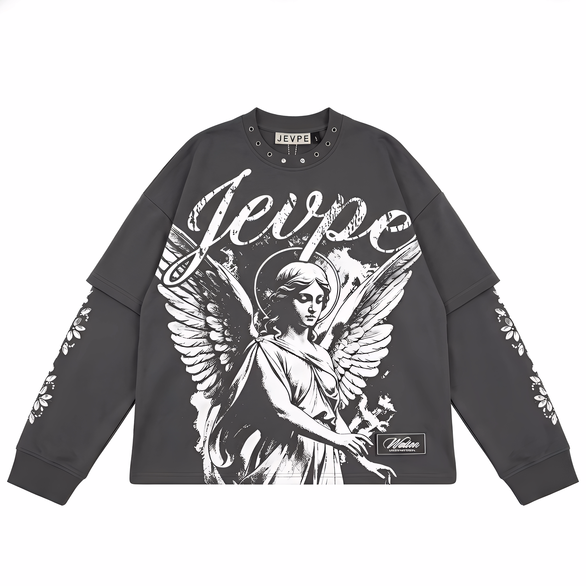Dark grey JEVPE men's long sleeve T-shirt featuring angel statue graphic and studded details, gothic religious streetwear top.