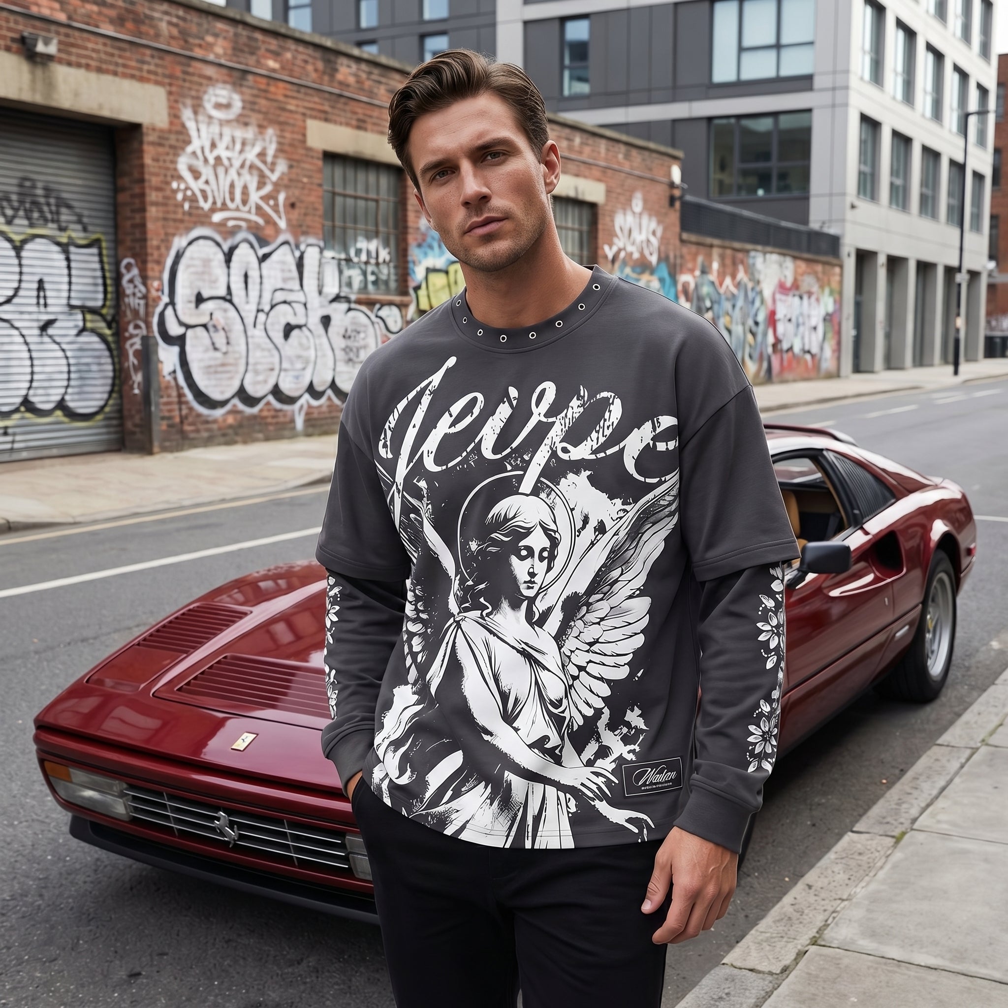 JEVPE men's dark grey long sleeve T-shirt featuring angel statue graphic with studded accents, gothic religious streetwear style