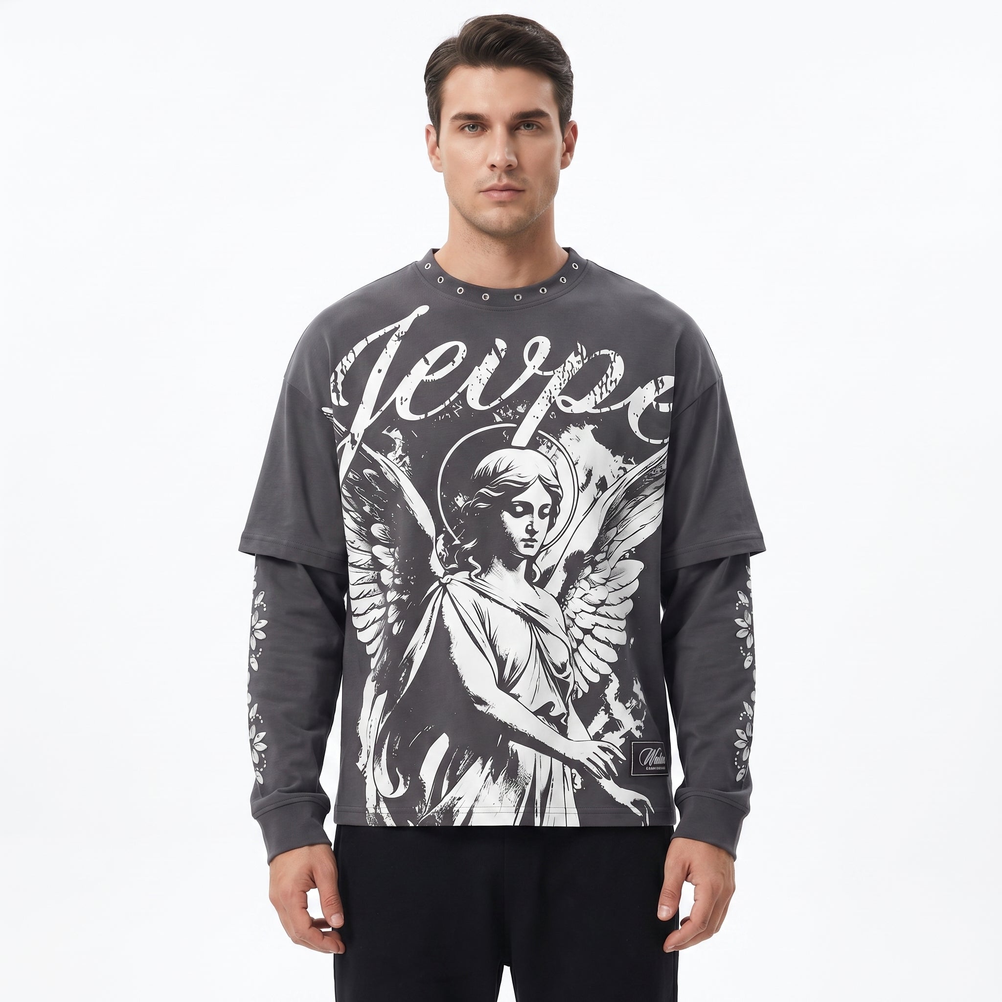 JEVPE men's dark grey gothic long sleeve T-shirt featuring angel statue graphic and studded details, streetwear religious art style