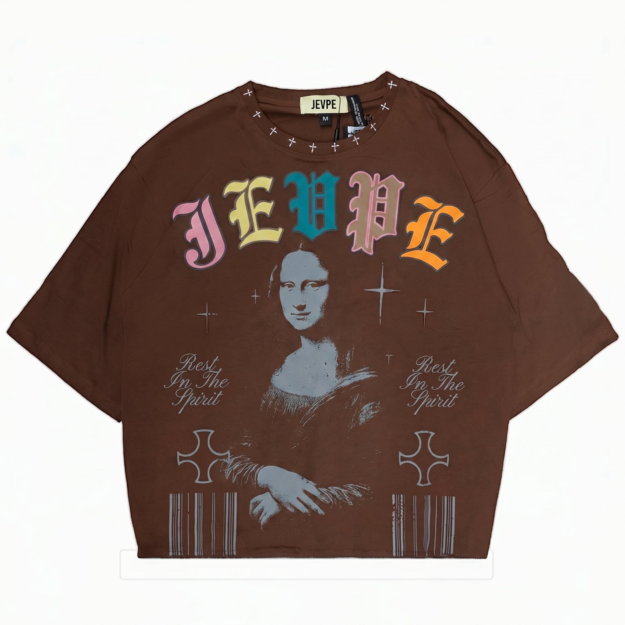 JEVPE men's oversized T-shirt featuring a vintage Mona Lisa graphic, gothic streetwear style, with bold artistic print.