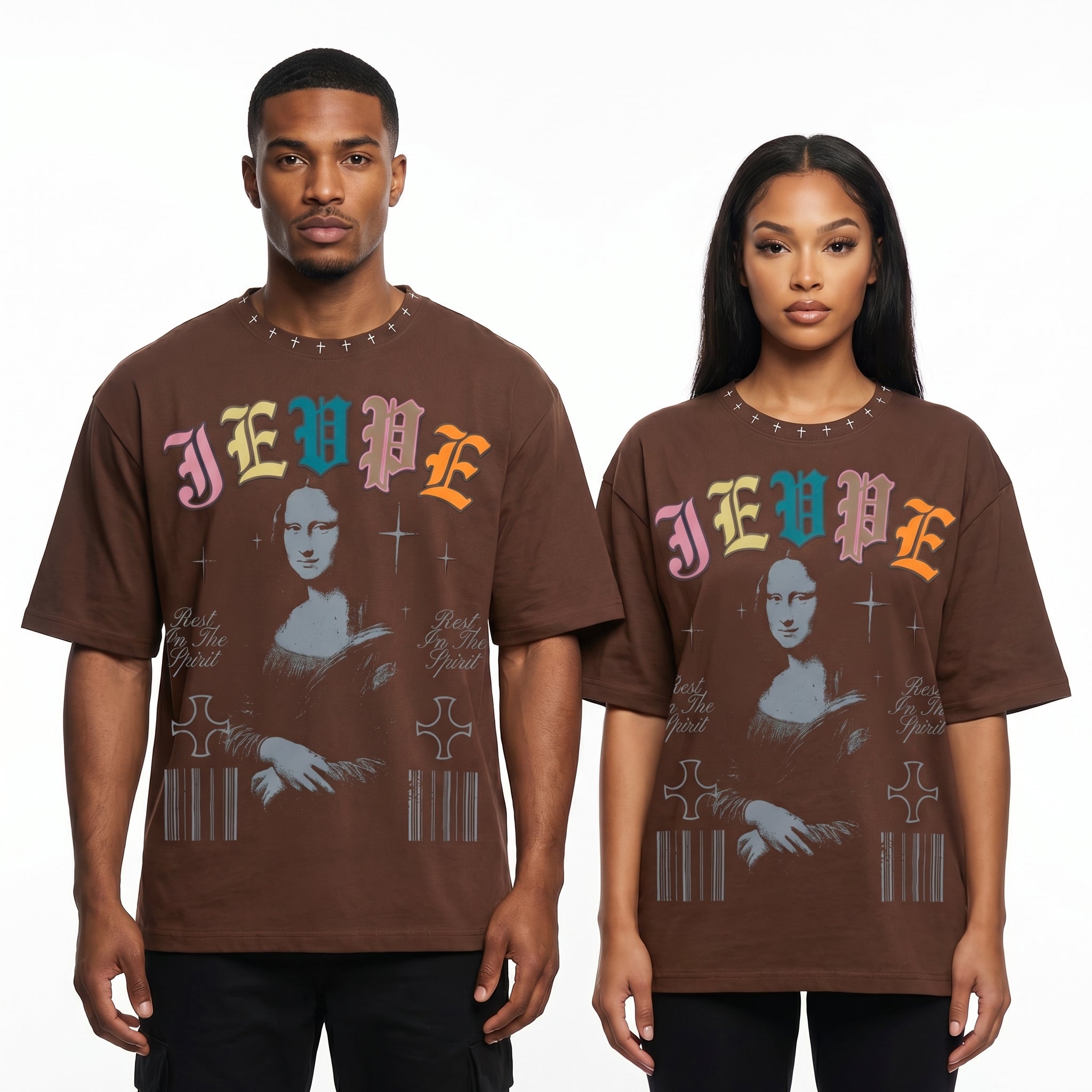 JEVPE men's oversized T-shirt featuring a vintage Mona Lisa graphic, Gothic streetwear style, with bold artistic print.