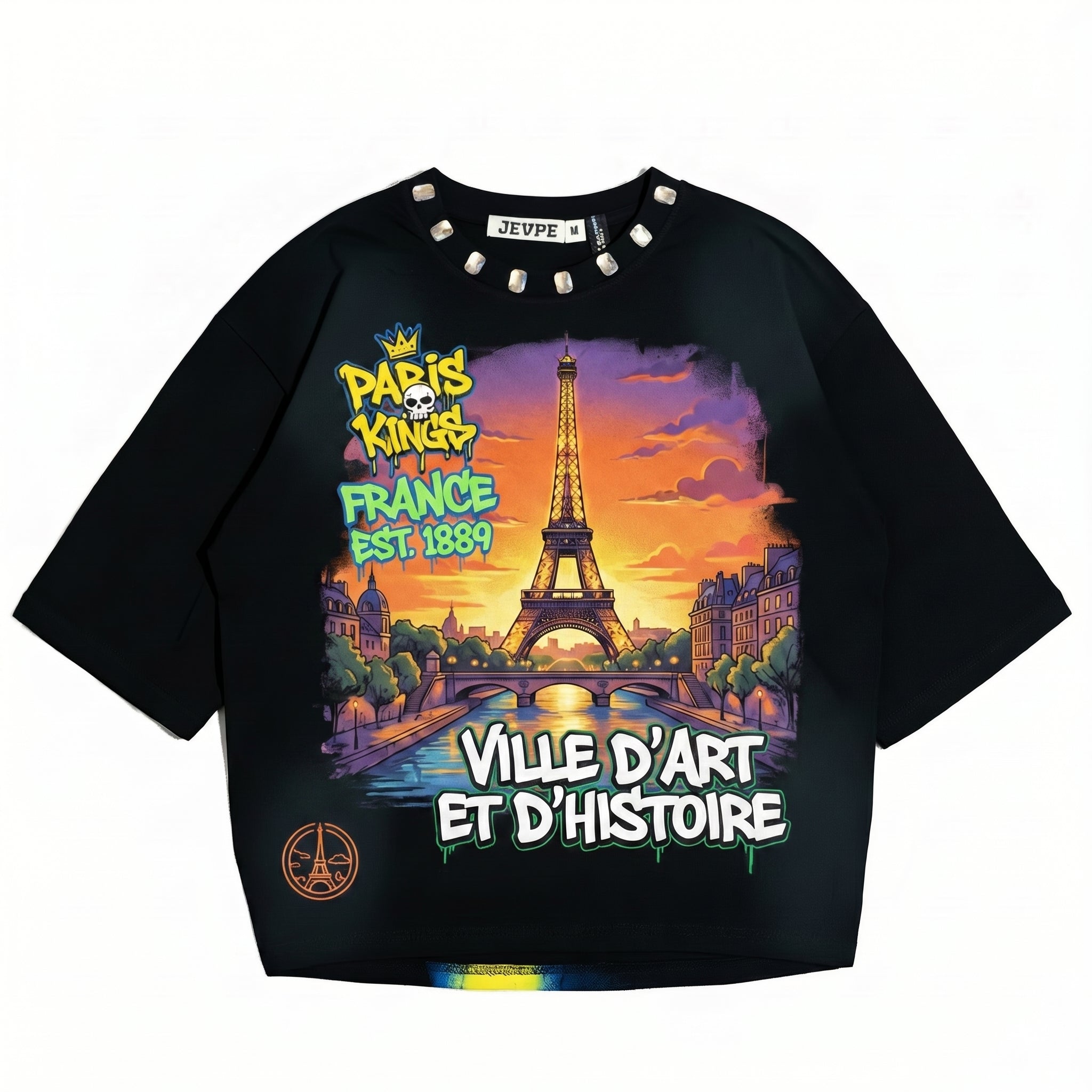 JEVPE men's oversized T-shirt featuring a Paris Eiffel Tower graphic and French streetwear style on soft fabric.