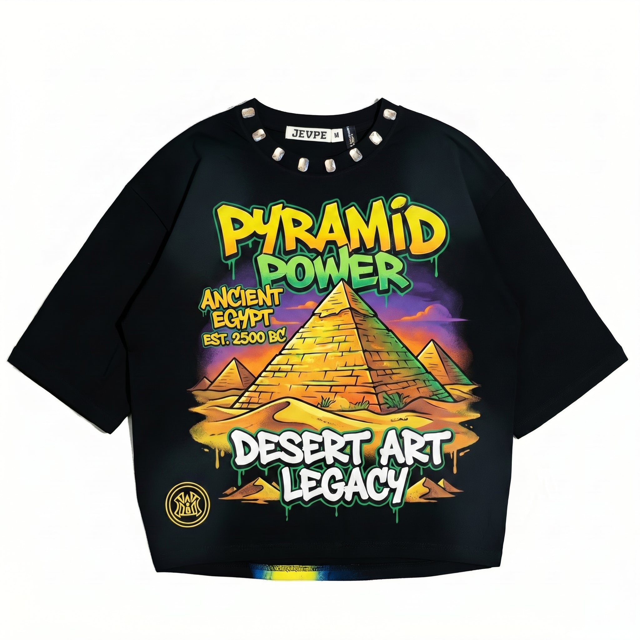 JEVPE men's oversized T-shirt with ancient Egypt pyramid graphic, Egyptian streetwear style, lightweight and casual fit.