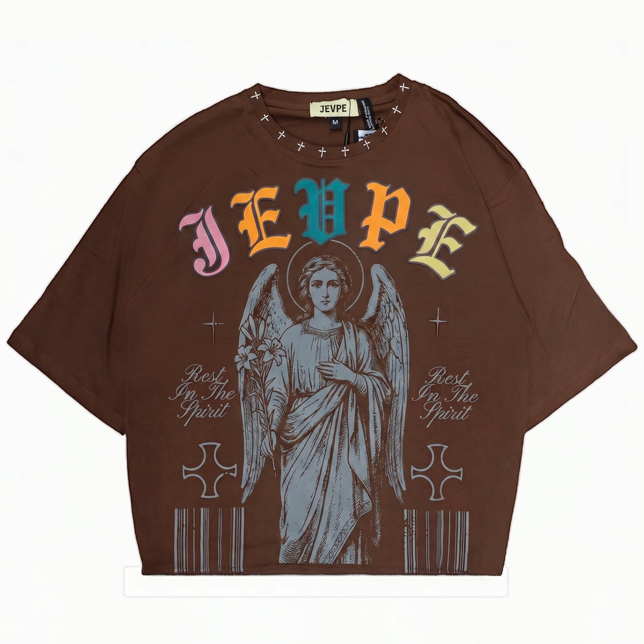 JEVPE men's oversized T-shirt featuring angel graphic and gothic religious streetwear design, with bold printed artwork on front.