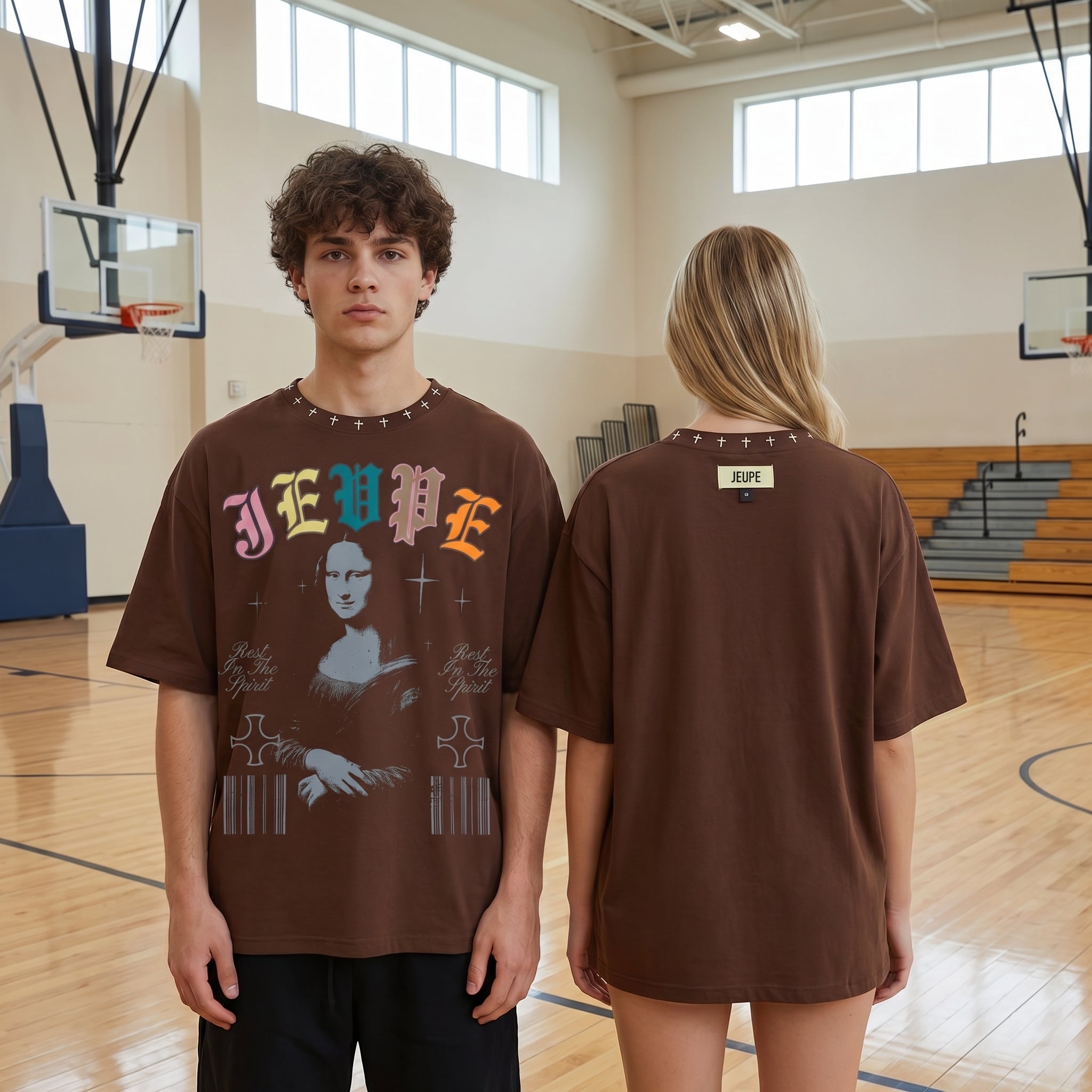 JEVPE men's oversized T-shirt featuring a Mona Lisa graphic, vintage gothic streetwear style, with bold artistic print.