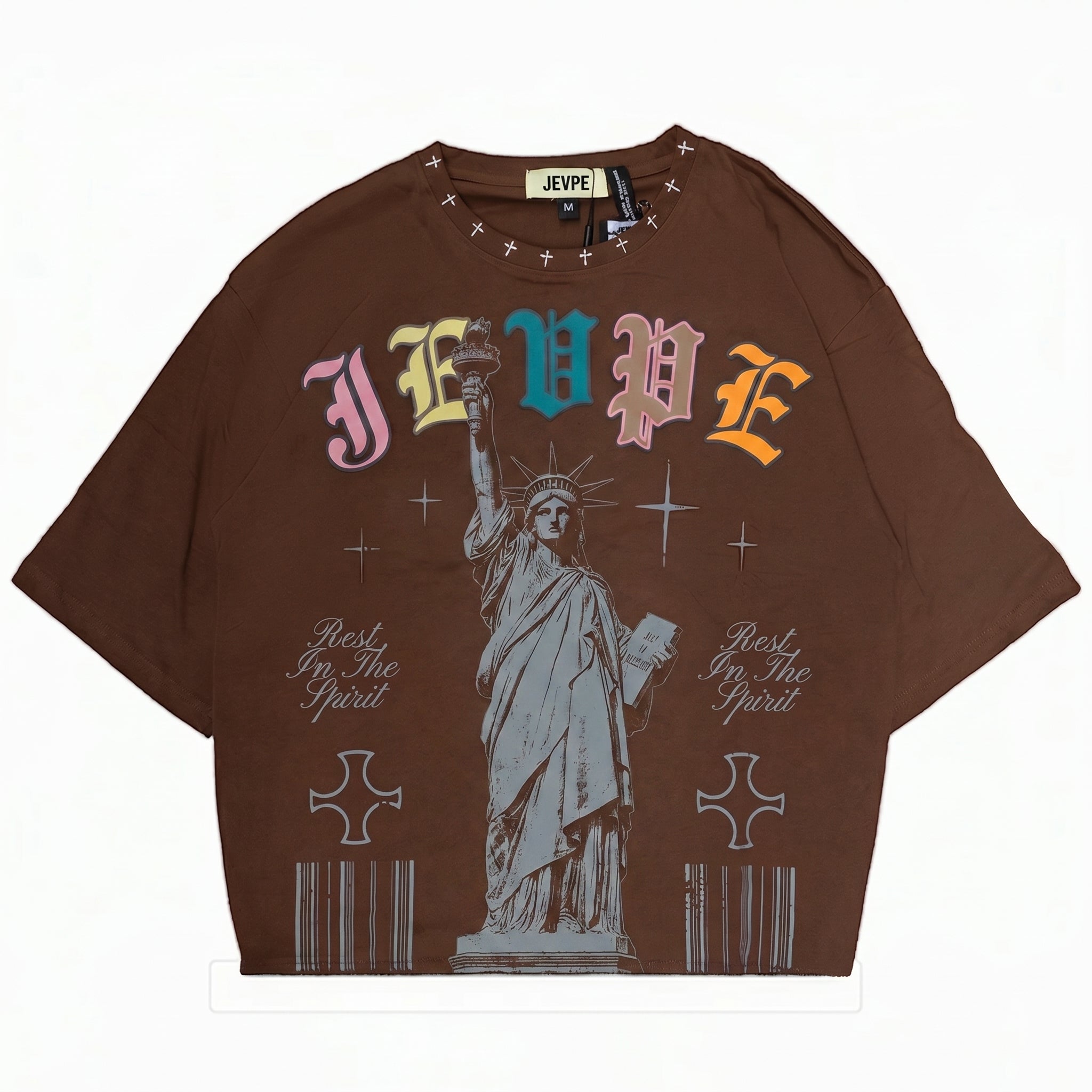 JEVPE Statue of Liberty graphic oversized T-shirt featuring vintage gothic streetwear style with bold Liberty design.
