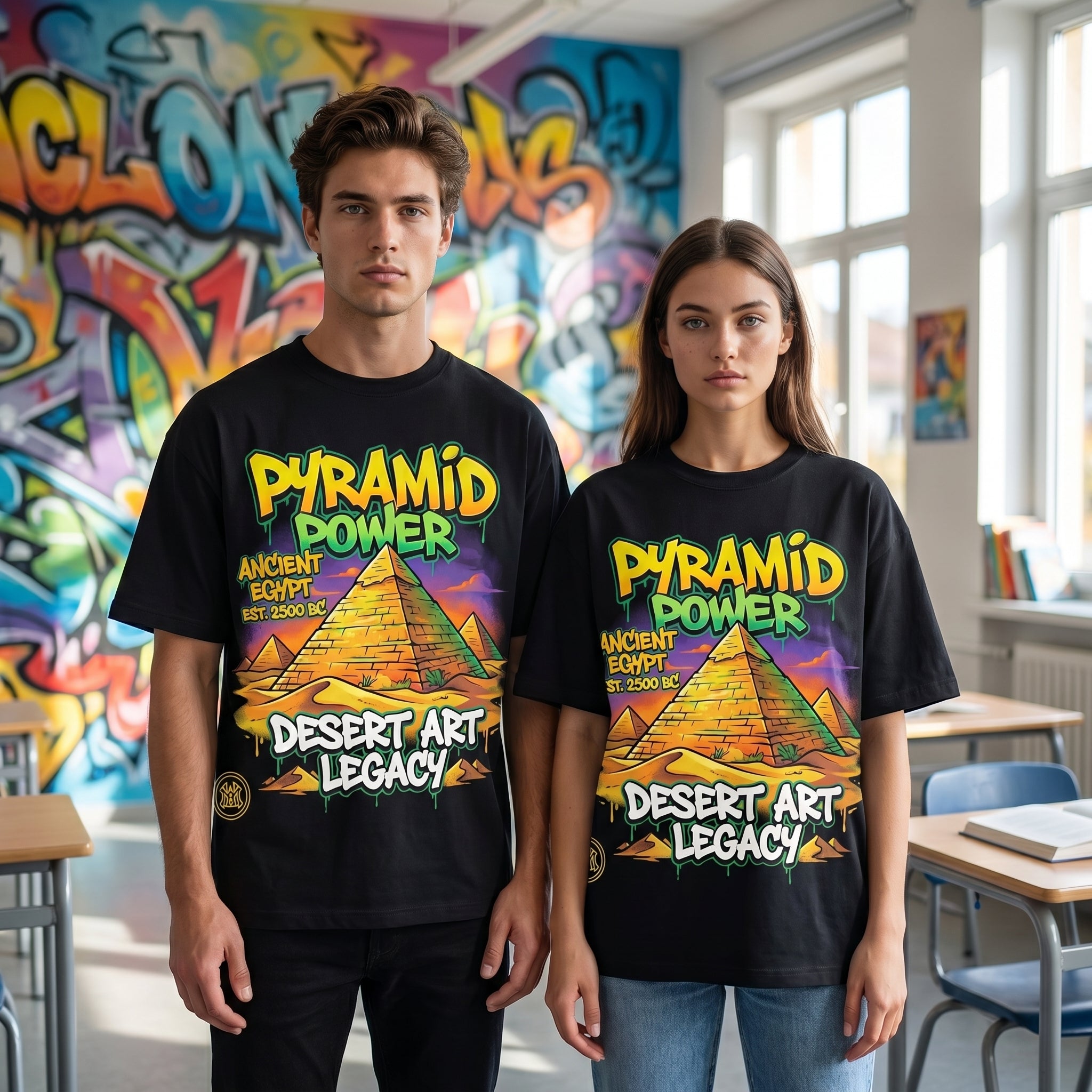 Men's oversized T-shirt featuring ancient Egypt pyramid graphic by JEVPE, Egyptian streetwear style with bold design and comfortable fit.