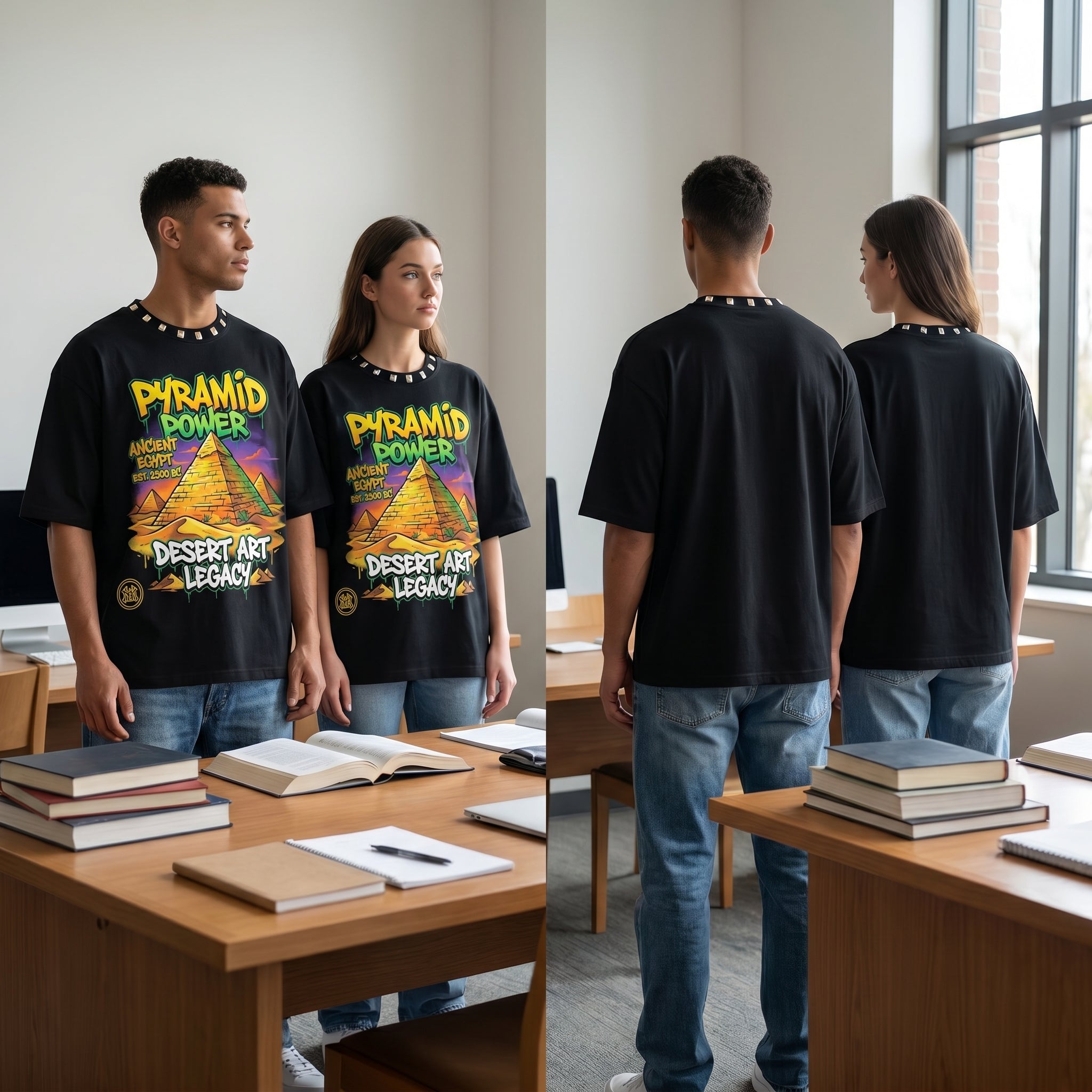 JEVPE men's oversized T-shirt featuring an ancient Egypt pyramid graphic and Egyptian streetwear design.