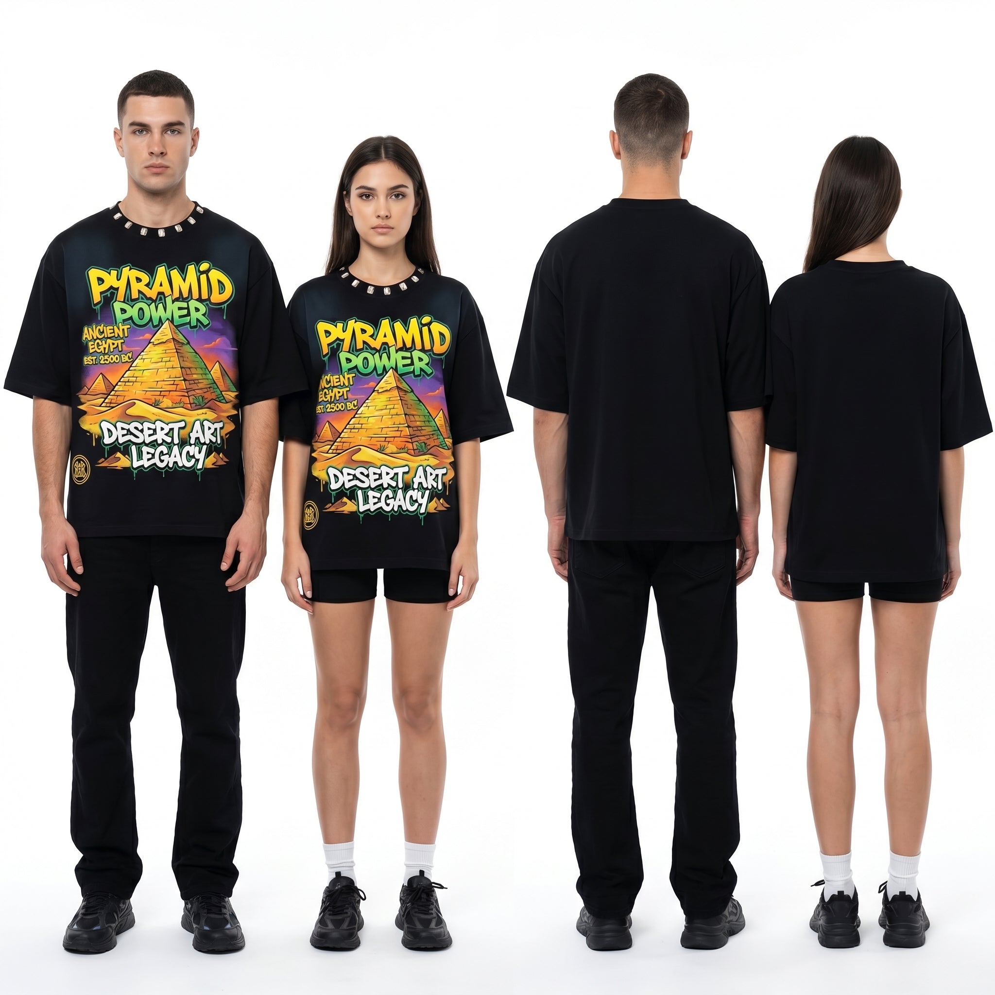 Men's oversized Egyptian streetwear T-shirt with pyramid graphic by JEVPE, featuring ancient Egypt design and bold style.