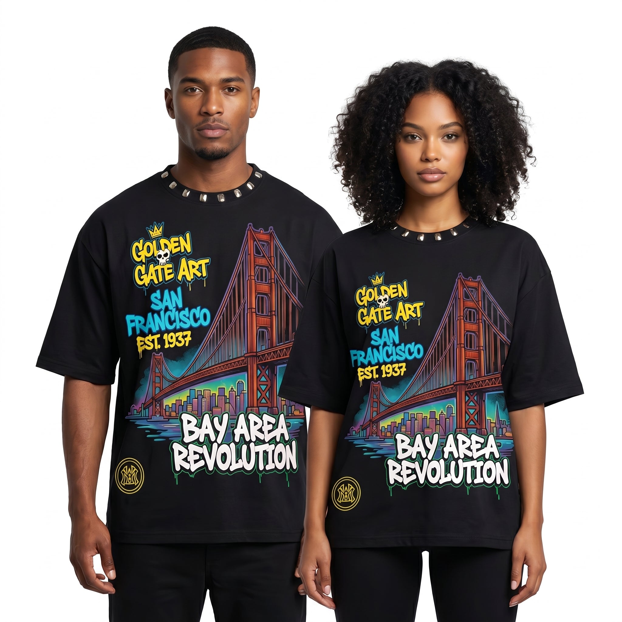 JEVPE men's oversized T-shirt featuring a San Francisco Golden Gate graphic and Bay Area streetwear style.
