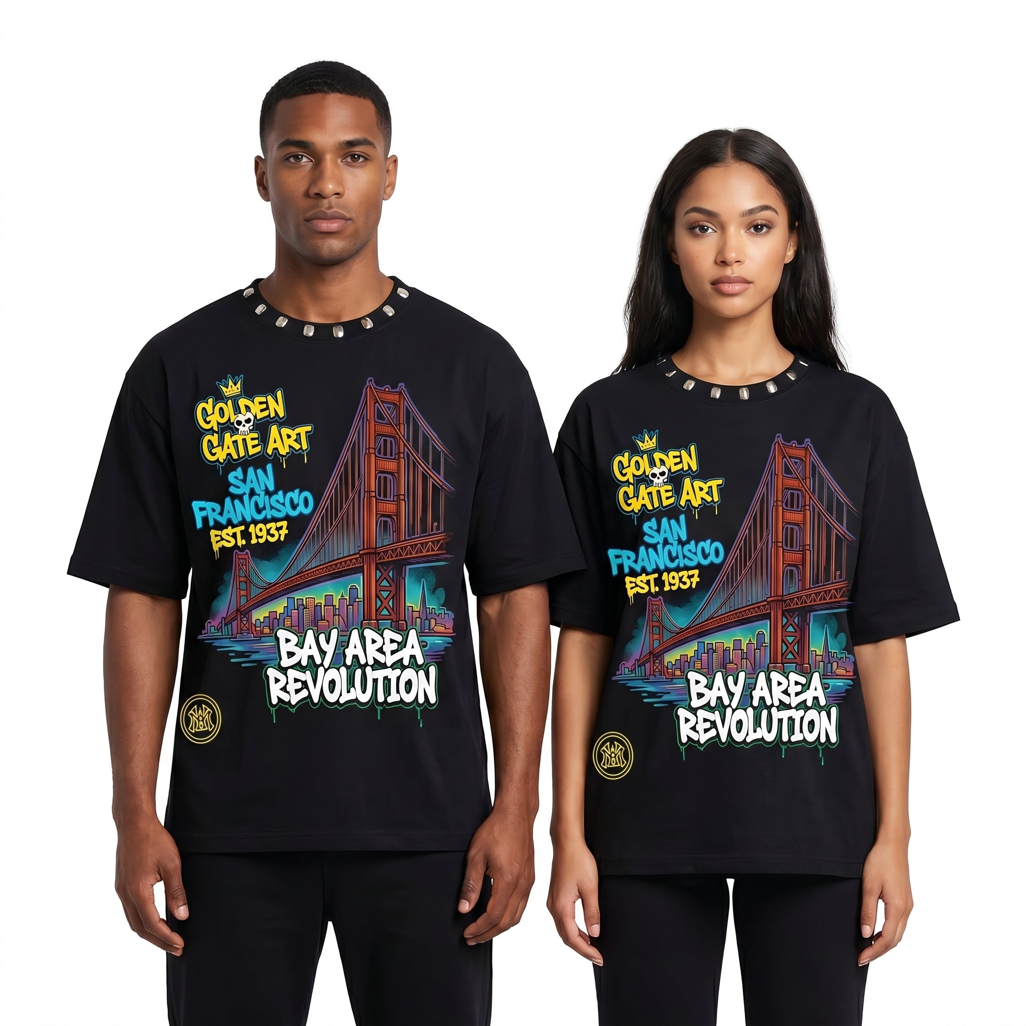 Men's oversized T-shirt by JEVPE featuring a San Francisco Golden Gate graphic and Bay Area streetwear style.