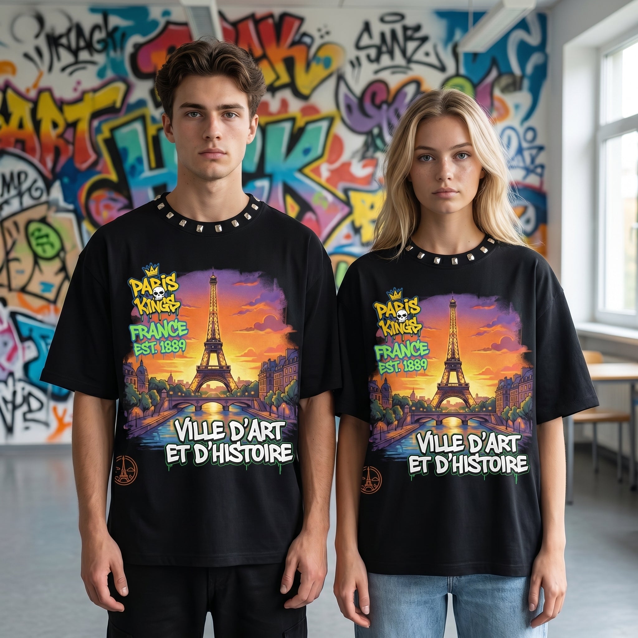 JEVPE men's oversized Paris Eiffel Tower graphic T-shirt featuring a French streetwear style, with a large Eiffel Tower print on the front.