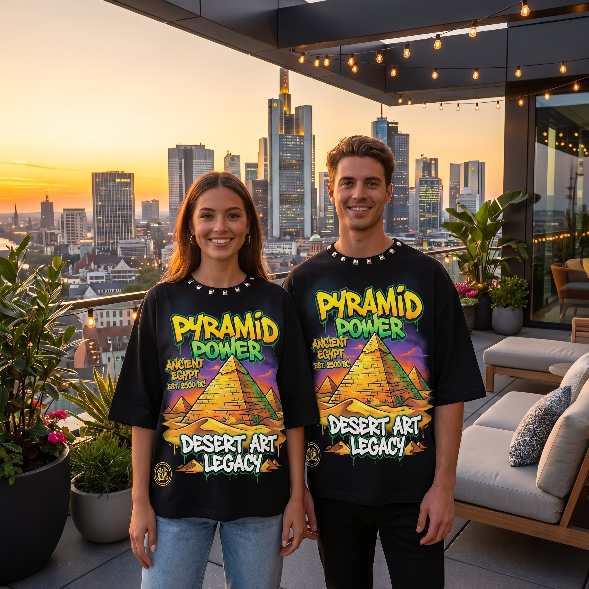 Men's oversized T-shirt featuring Egyptian pyramid graphic, JEVPE streetwear fashion, with ancient Egypt motif and bold design.