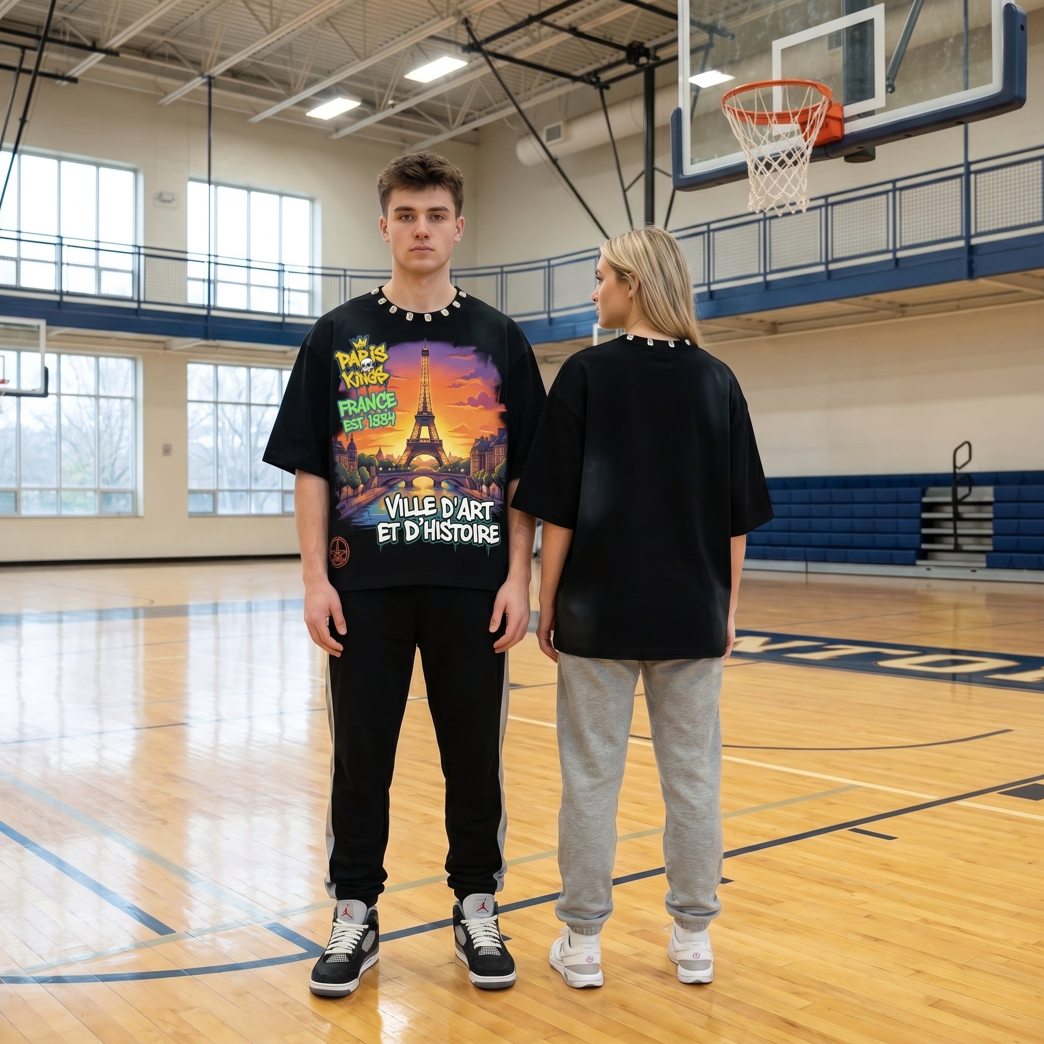 Men's oversized T-shirt featuring a Paris Eiffel Tower graphic from JEVPE, stylish French streetwear casual top.