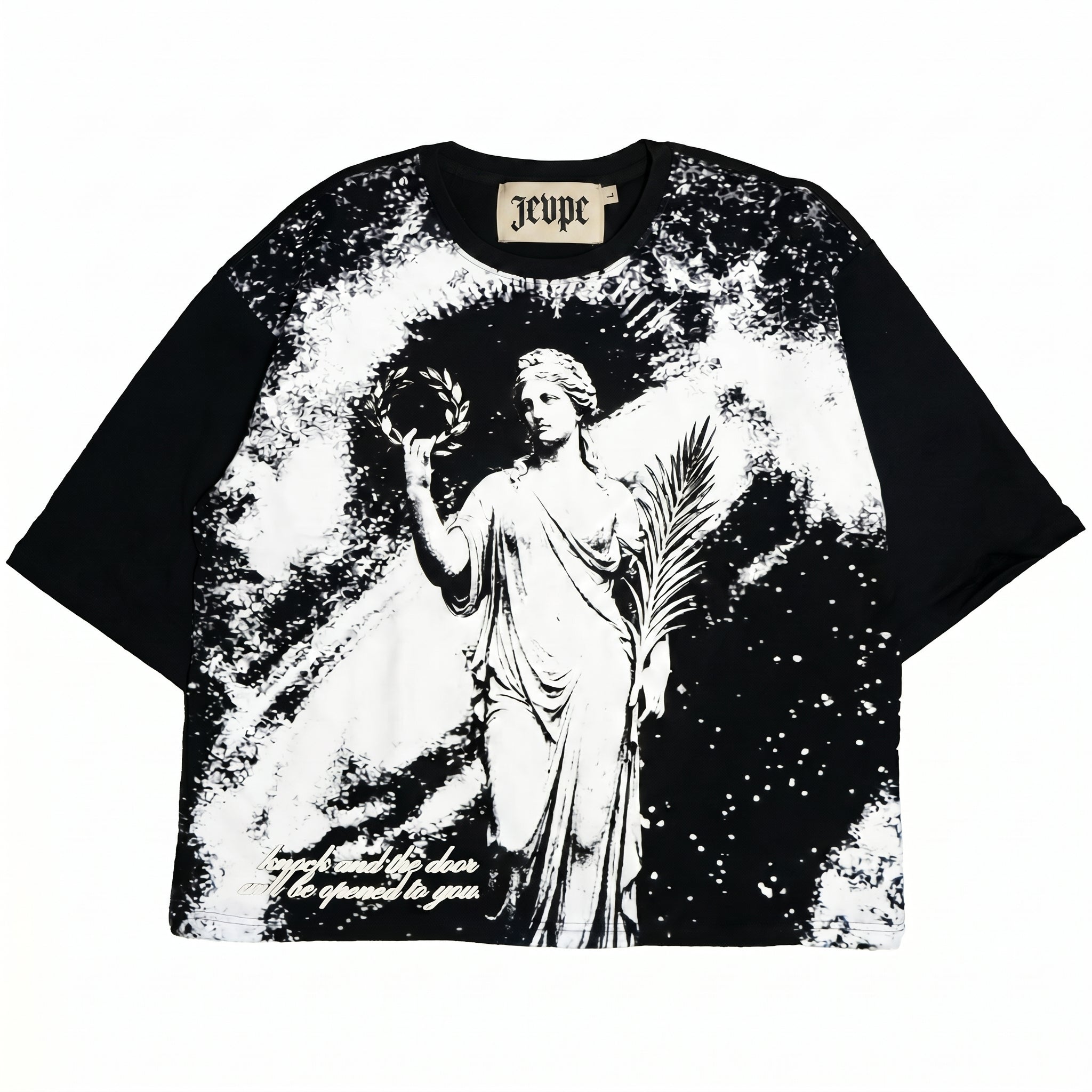 JEVPE men's oversized T-shirt featuring Greek goddess statue graphic, vintage art streetwear style, casual and trendy clothing.