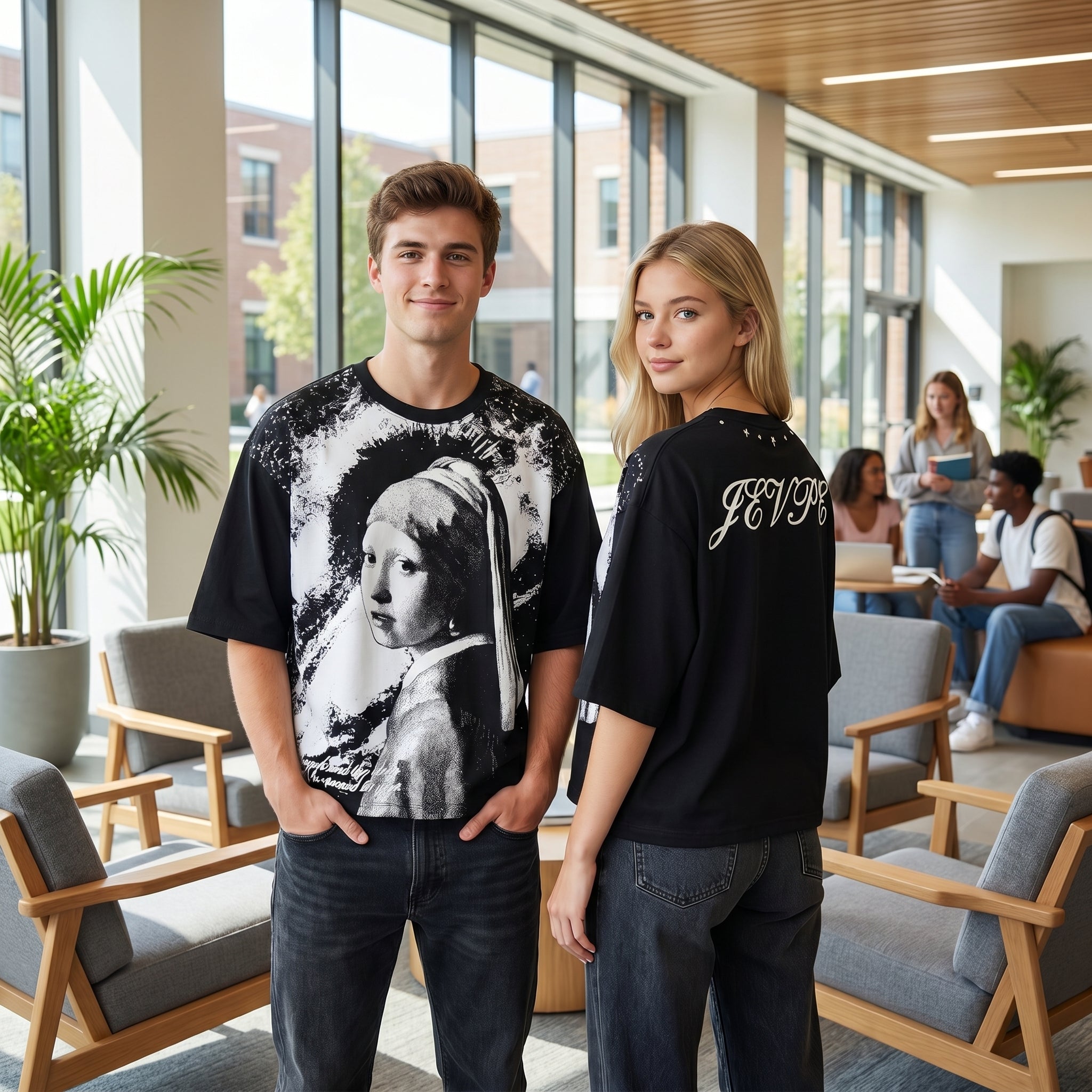 JEVPE men's oversized T-shirt featuring a vintage-inspired Girl with a Pearl Earring graphic, streetwear style and artistic design.