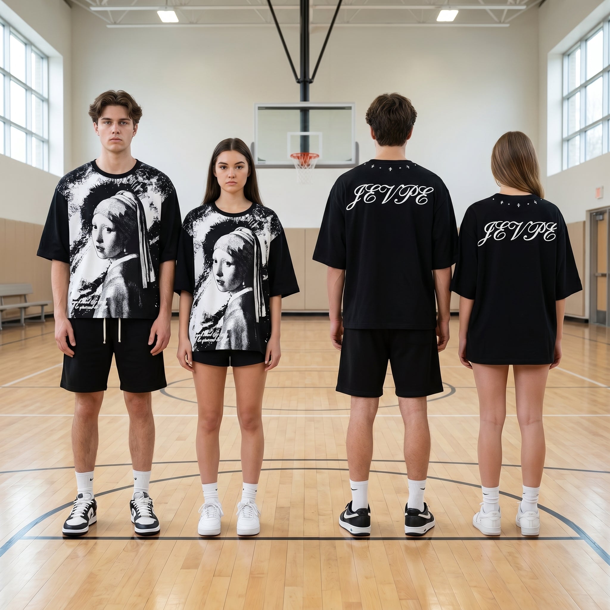 JEVPE men's oversized T-shirt featuring a vintage-inspired graphic of a girl with a pearl earring, streetwear style.