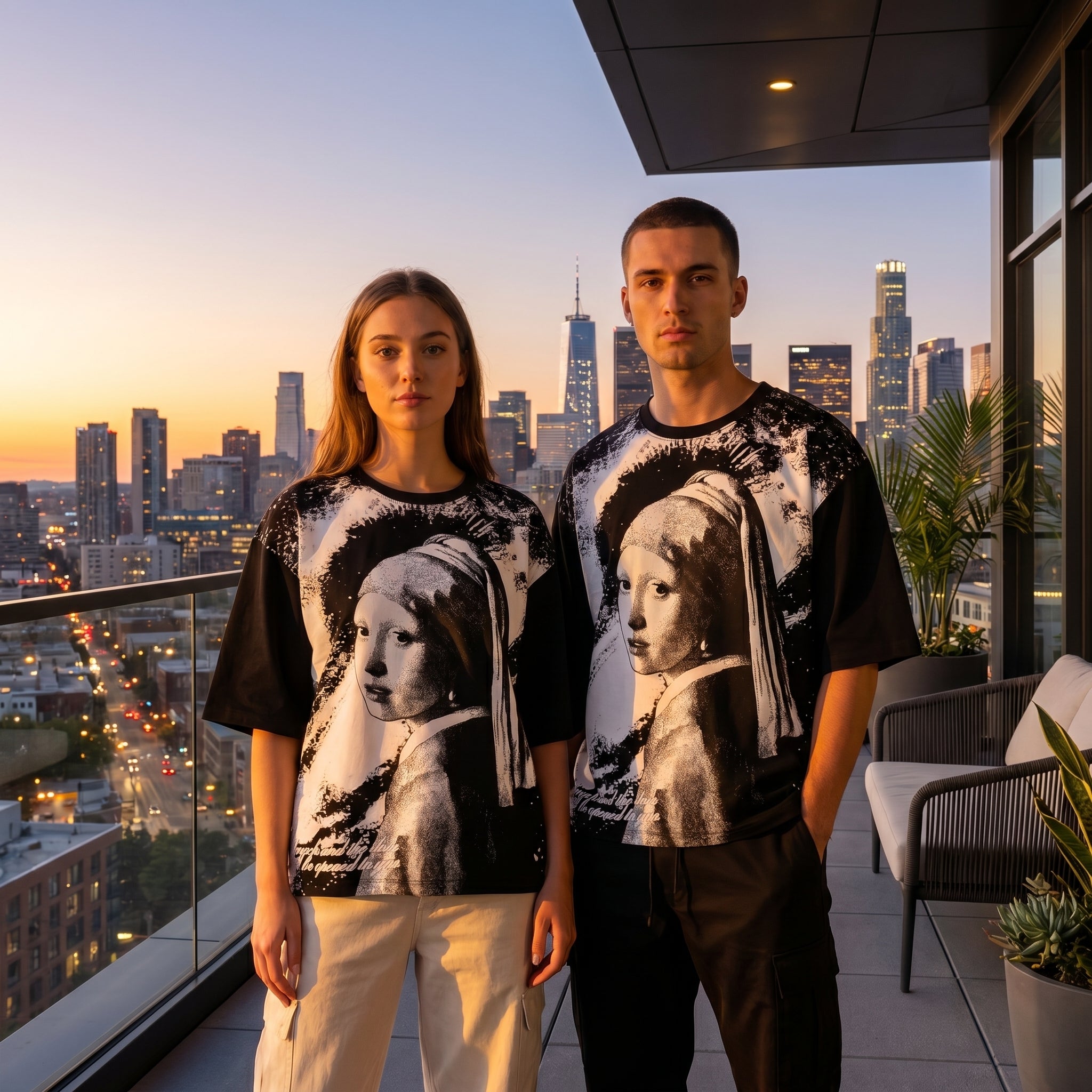 JEVPE men's oversized T-shirt featuring a vintage-style Girl with a Pearl Earring graphic, streetwear-inspired art design