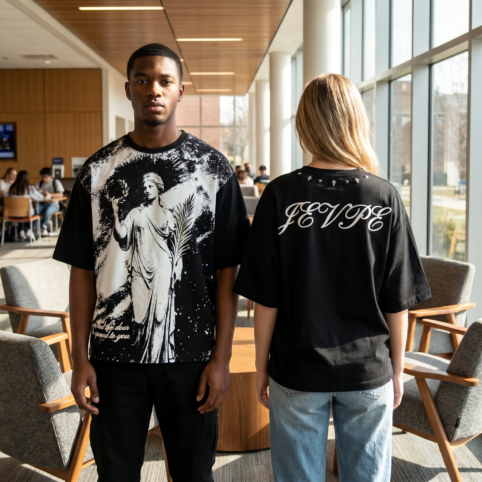 JEVPE men's oversized T-shirt featuring Greek goddess statue graphic, vintage streetwear style, soft cotton fabric, casual fit.