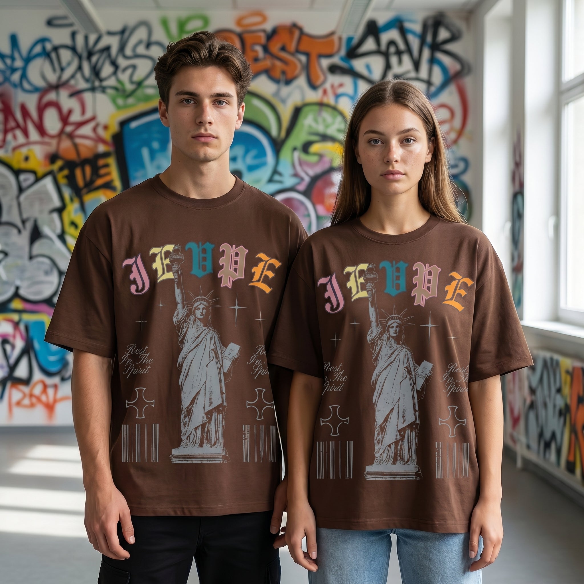 JEVPE Statue of Liberty graphic oversized T-shirt with vintage gothic streetwear style, featuring bold Liberty design on front.