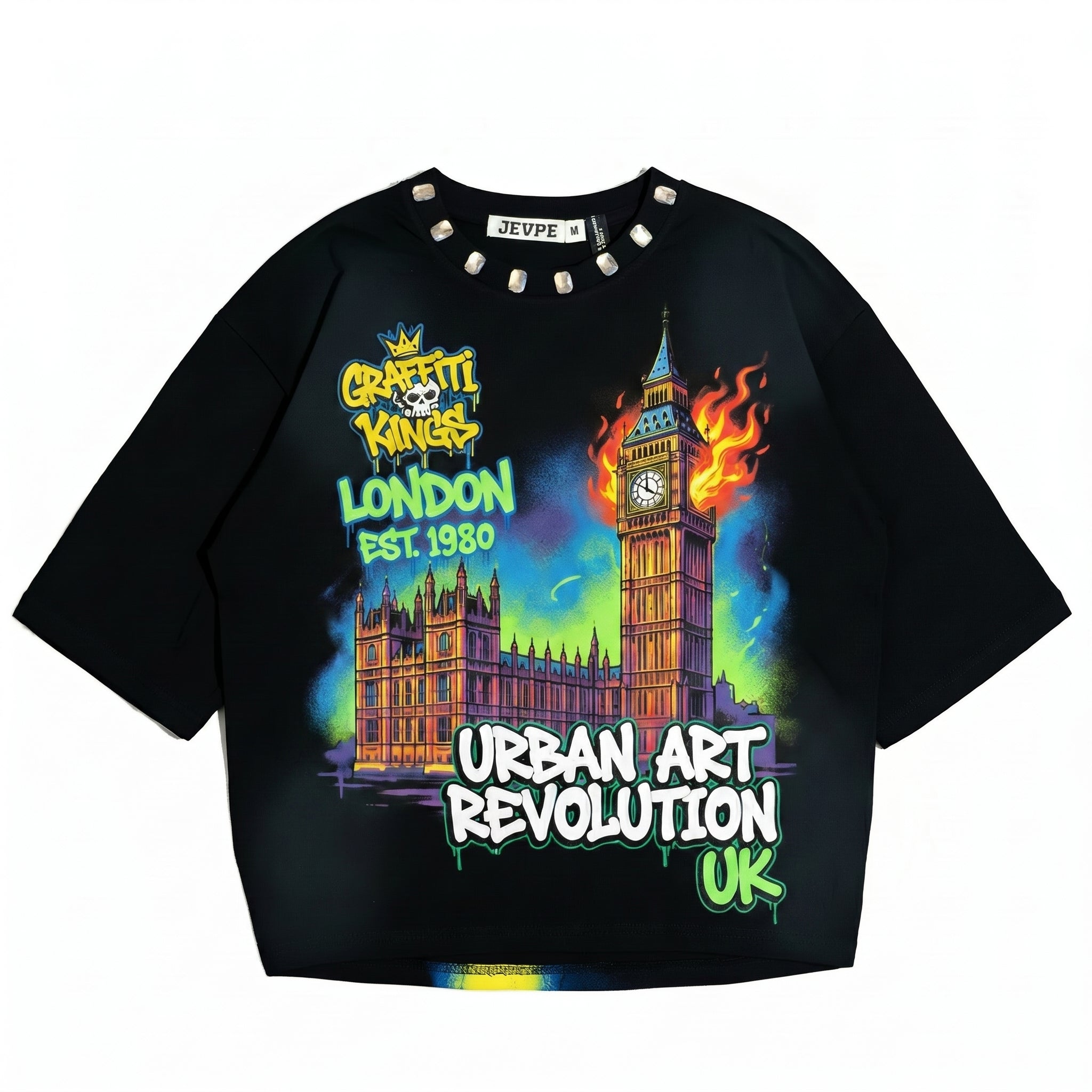 JEVPE London Big Ben graffiti oversized T-shirt featuring urban street art design and bold cityscape print.