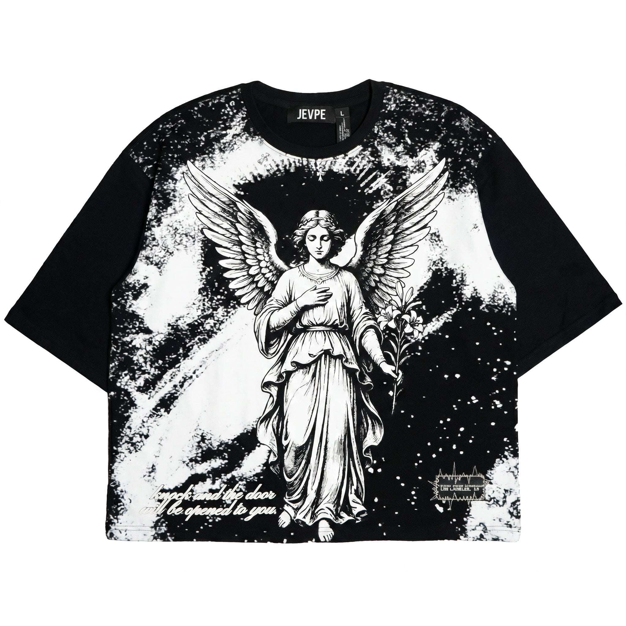 JEVPE oversized T-shirt featuring an angel graphic and vintage religious streetwear style, with a relaxed fit and bold design.