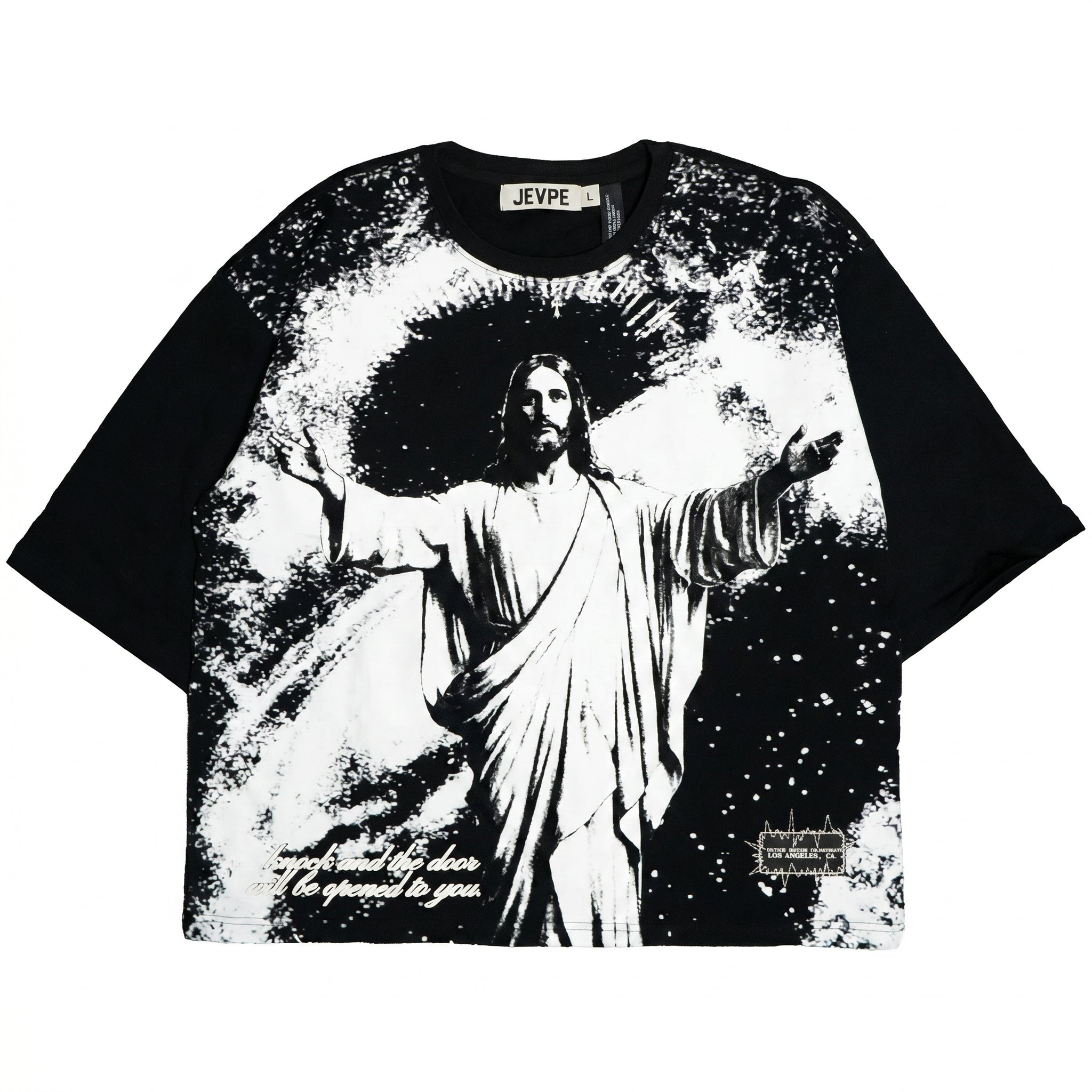JEVPE Jesus graphic oversized T-shirt featuring vintage religious streetwear style, with a bold Jesus portrait on the front.